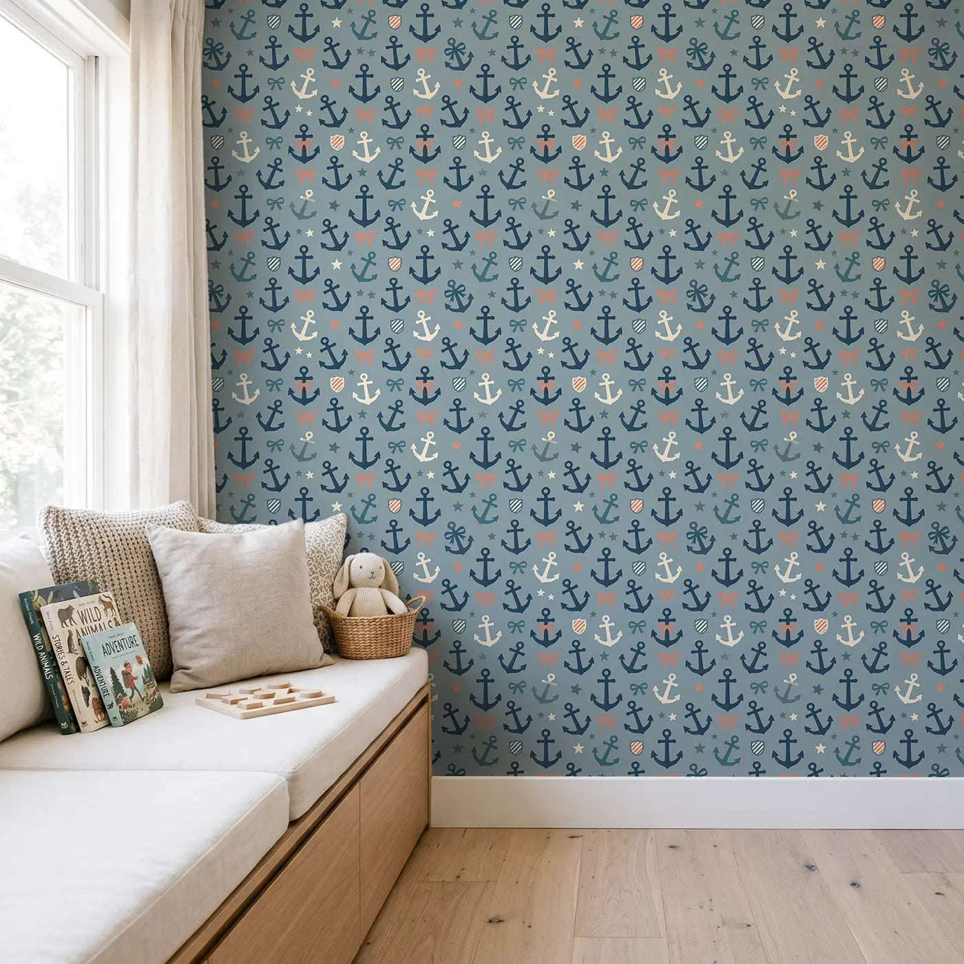Classic Navy Modern Illustration wallpaper in Scandinavian nursery - Whimsy Tots