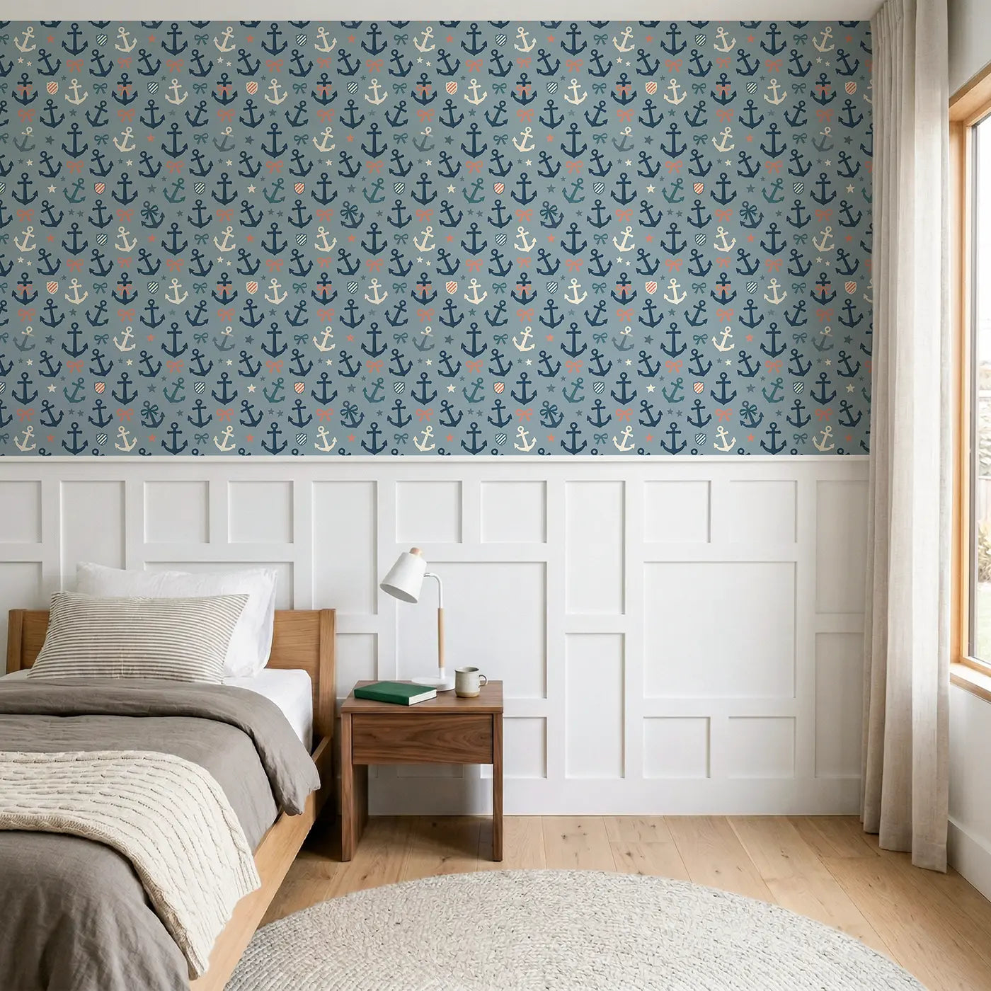 Classic Navy Modern Illustration wallpaper above wainscoting - Whimsy Tots