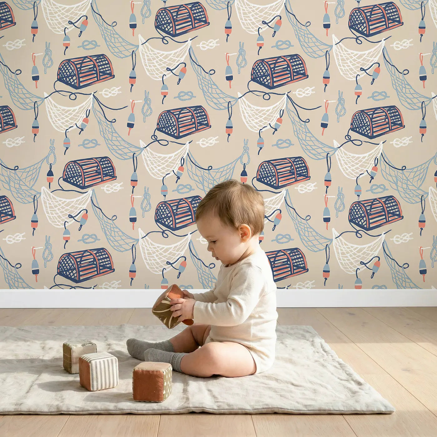 Lobster Pots Modern Illustration wallpaper in styled kids room - Whimsy Tots