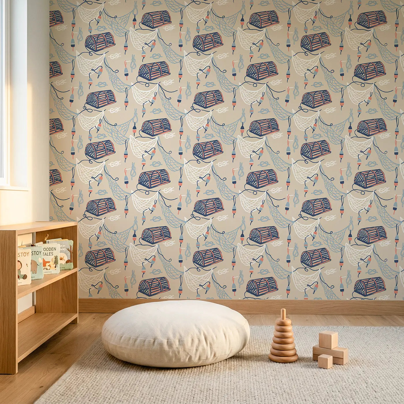 Lobster Pots Modern Illustration wallpaper in Scandinavian nursery - Whimsy Tots