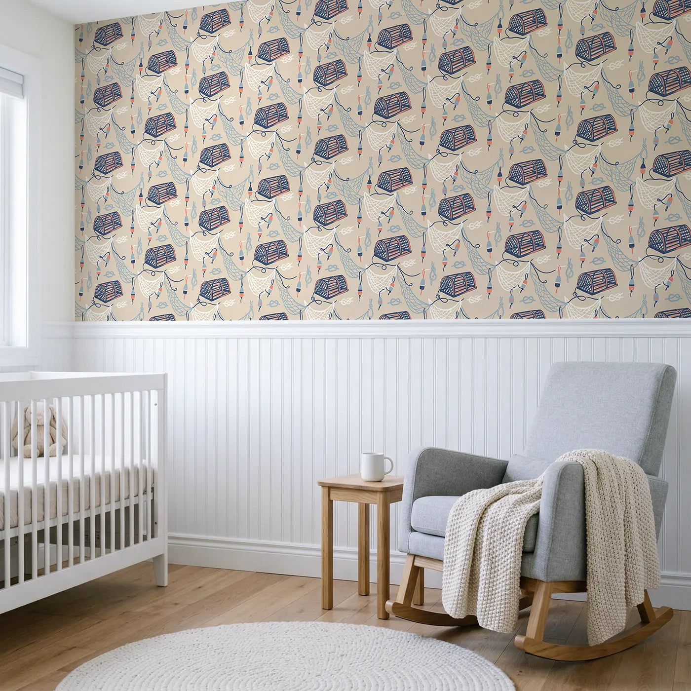 Lobster Pots Modern Illustration wallpaper above wainscoting - Whimsy Tots