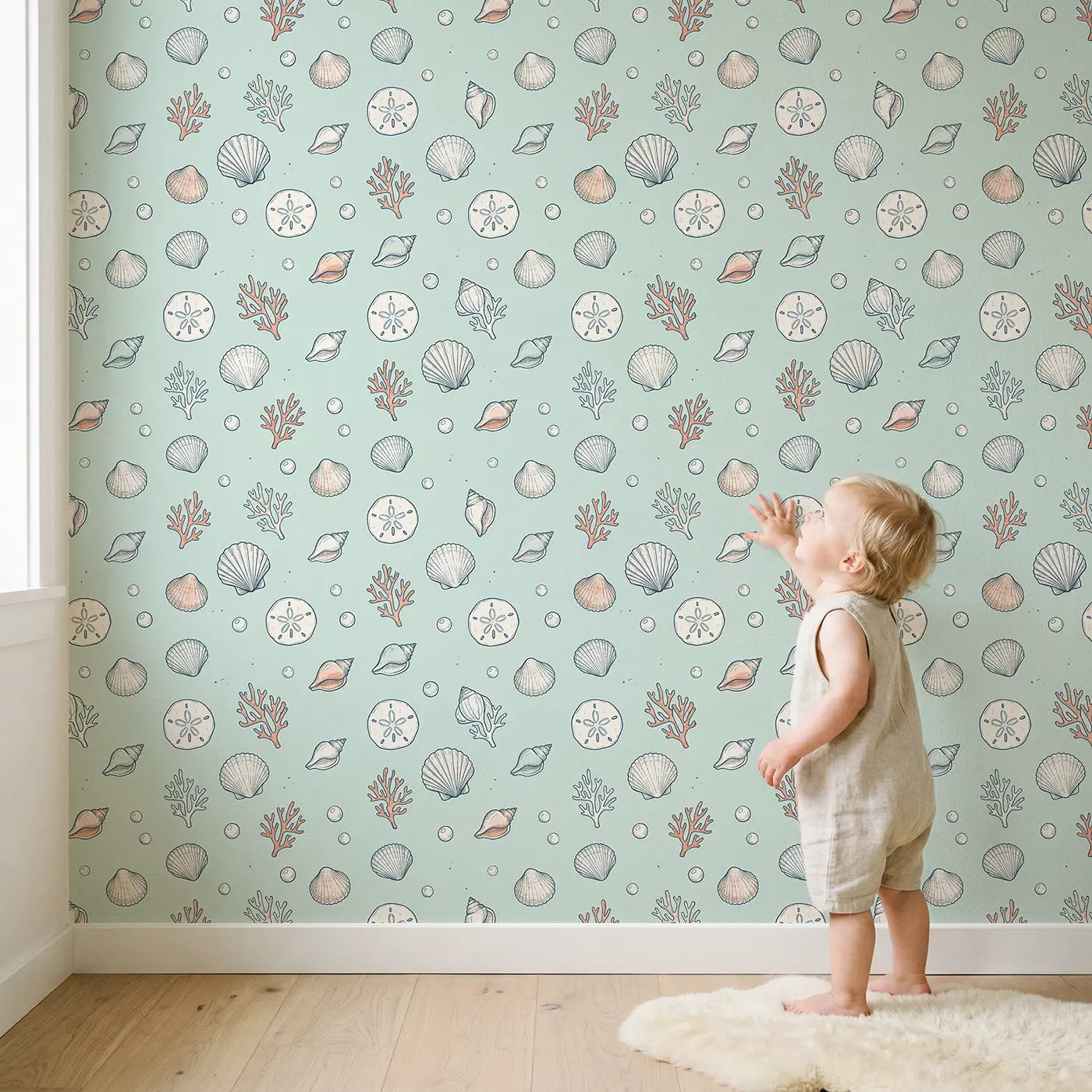 Assorted Seashells Hand-Drawn wallpaper in styled kids room - Whimsy Tots