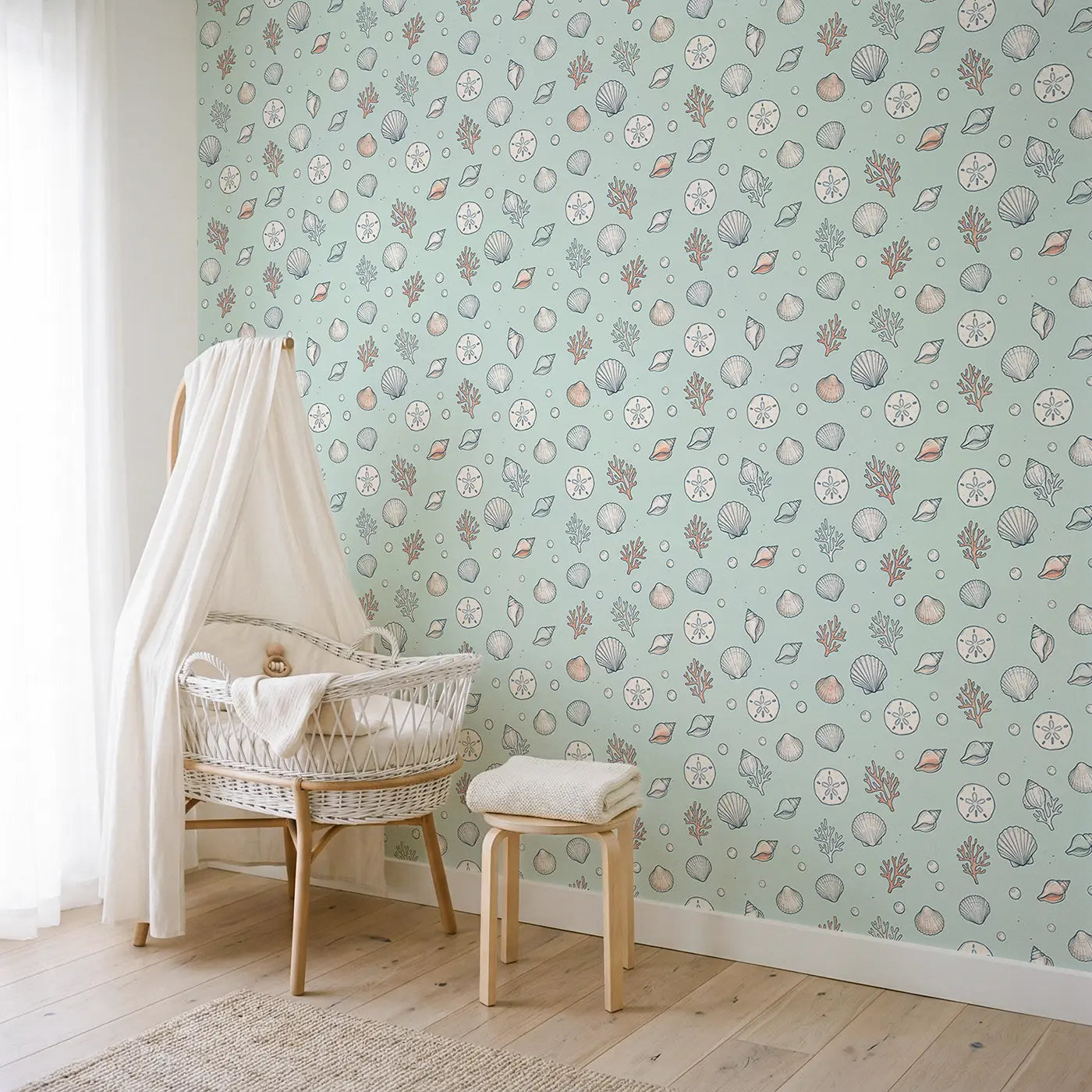 Assorted Seashells Hand-Drawn wallpaper in Scandinavian nursery - Whimsy Tots