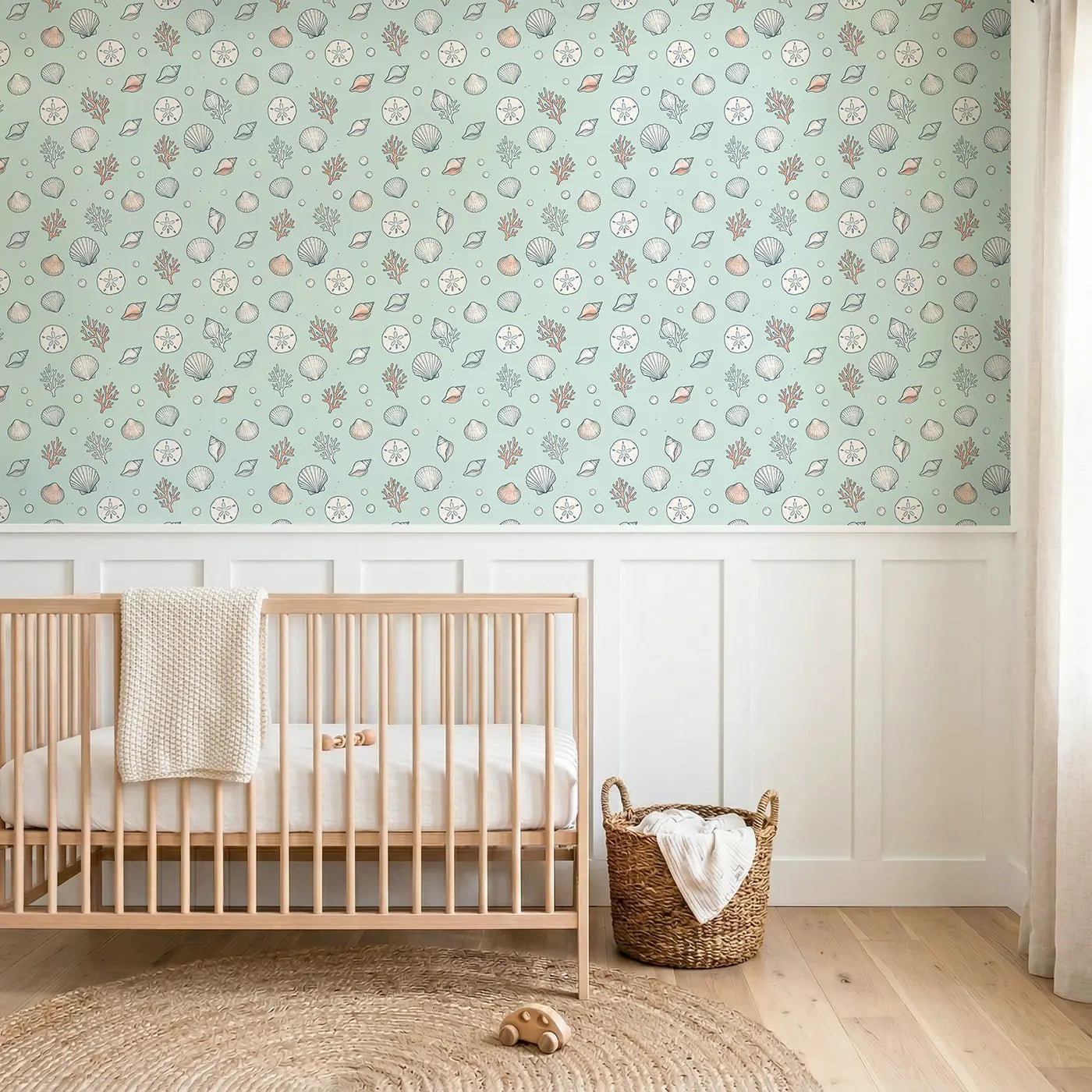 Assorted Seashells Hand-Drawn wallpaper above wainscoting - Whimsy Tots