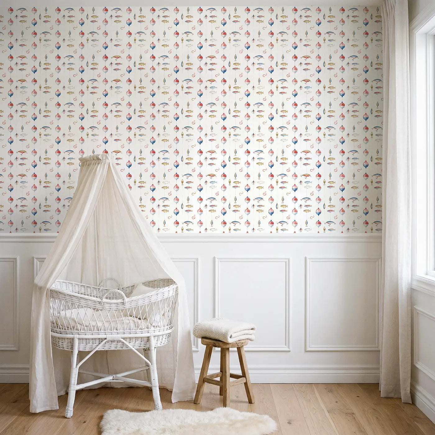 Fishing Lures Watercolor wallpaper above wainscoting - Whimsy Tots