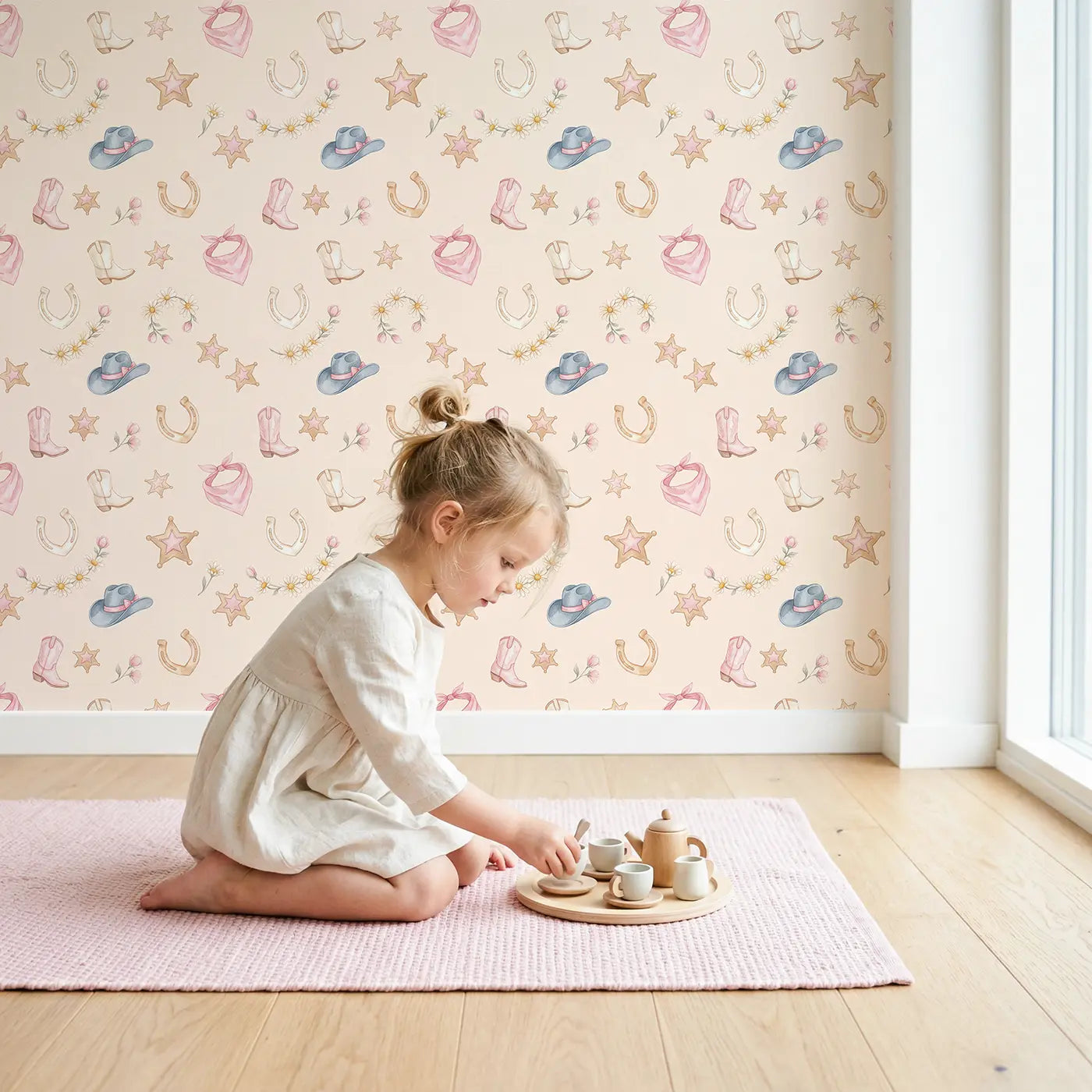 Pastel Cowgirl Watercolor wallpaper in styled kids room - Whimsy Tots