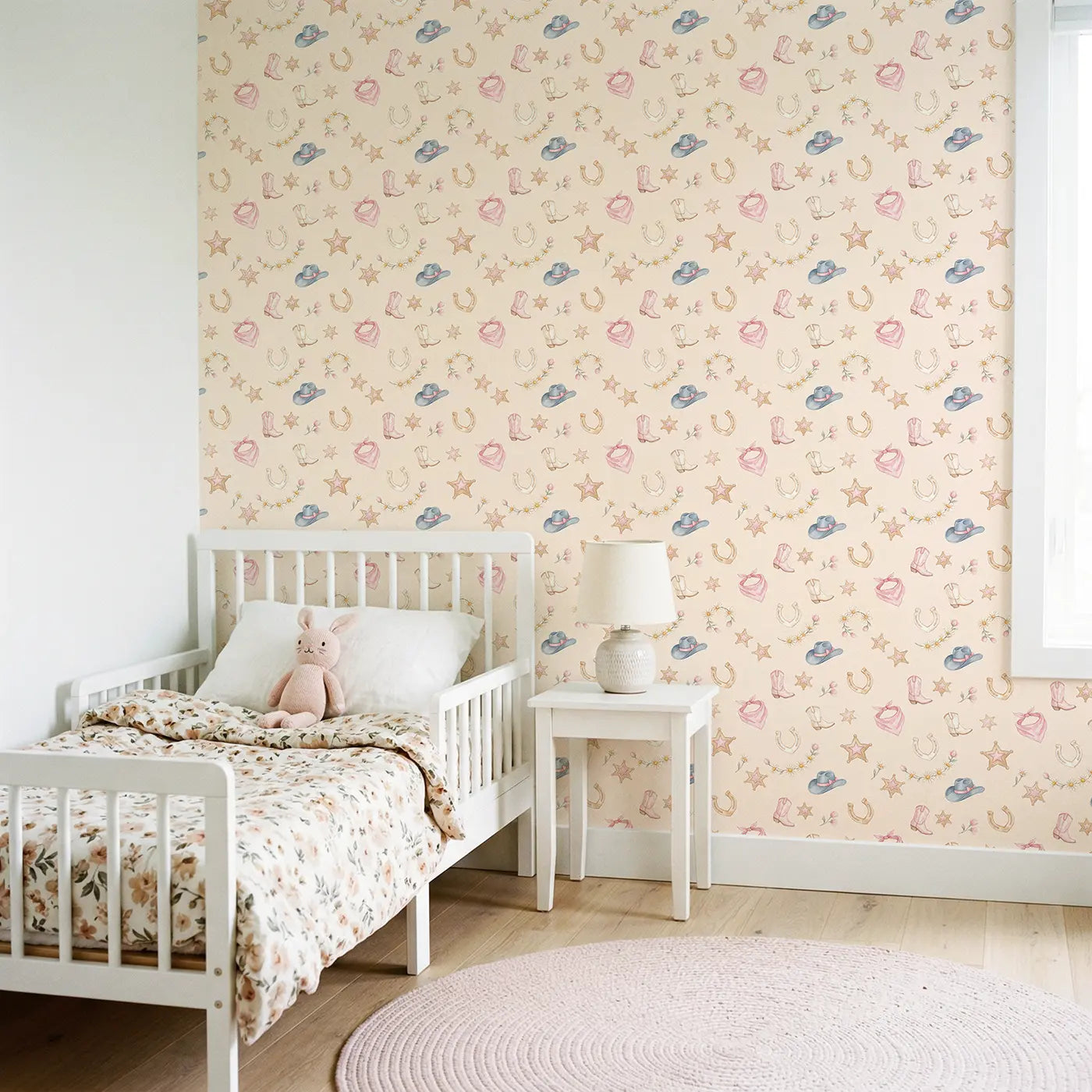 Pastel Cowgirl Watercolor wallpaper in Scandinavian nursery - Whimsy Tots