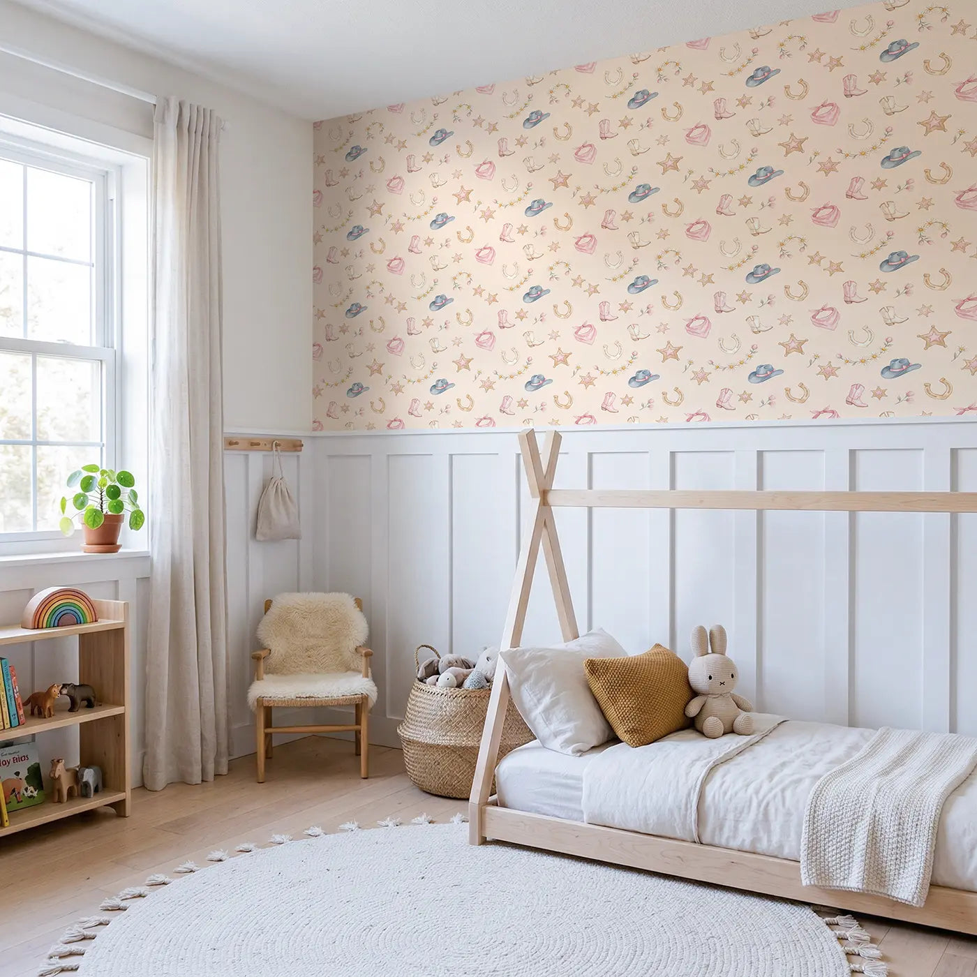 Pastel Cowgirl Watercolor wallpaper above wainscoting - Whimsy Tots