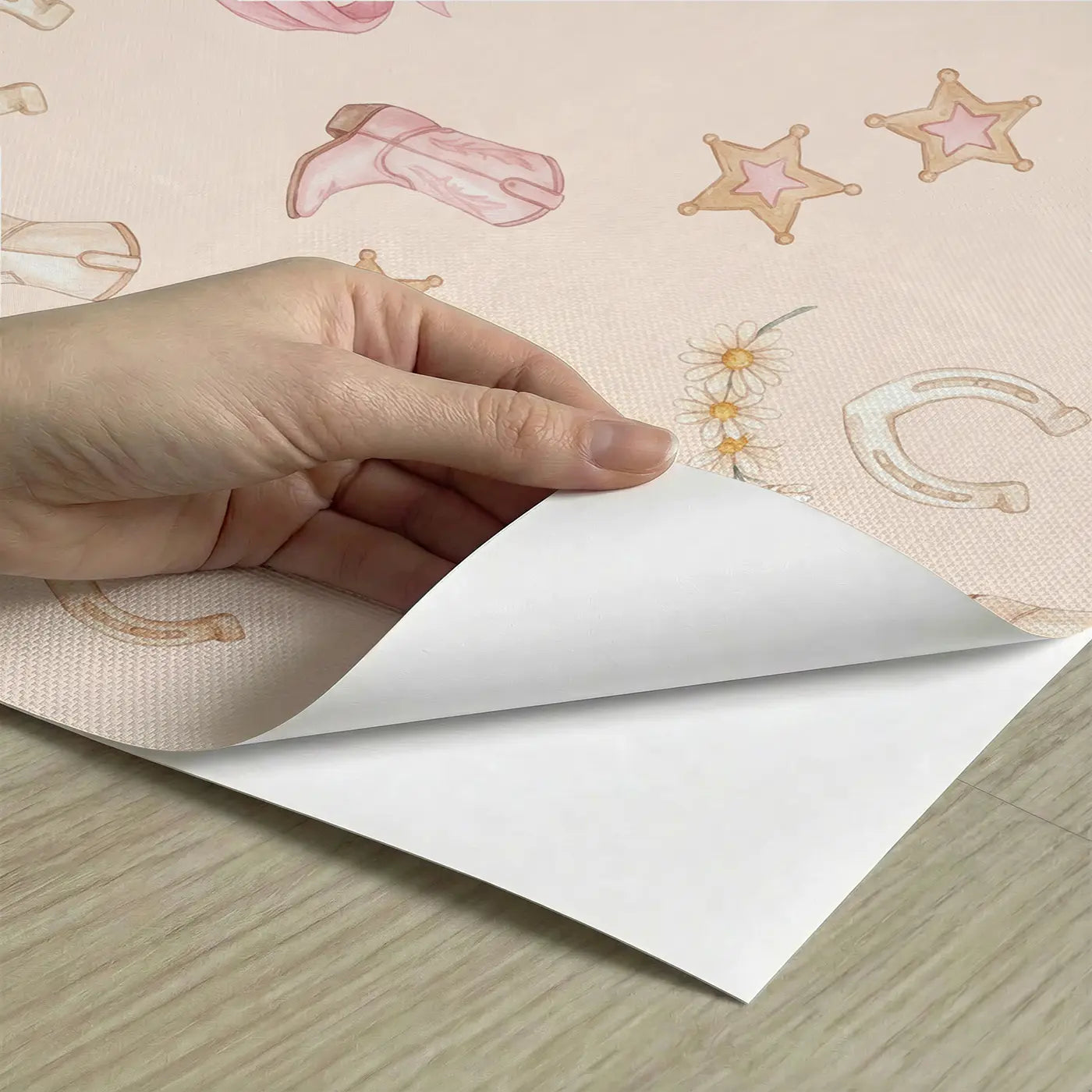 Pastel Cowgirl Watercolor peel and stick material close-up - Whimsy Tots