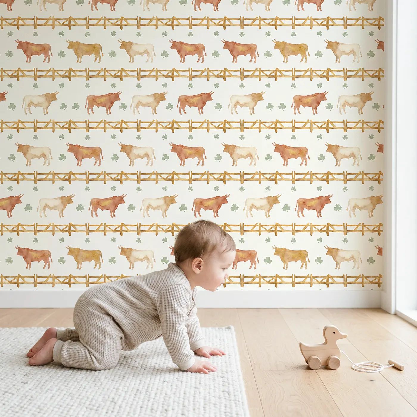 Rodeo Bull Watercolor wallpaper in styled kids room - Whimsy Tots