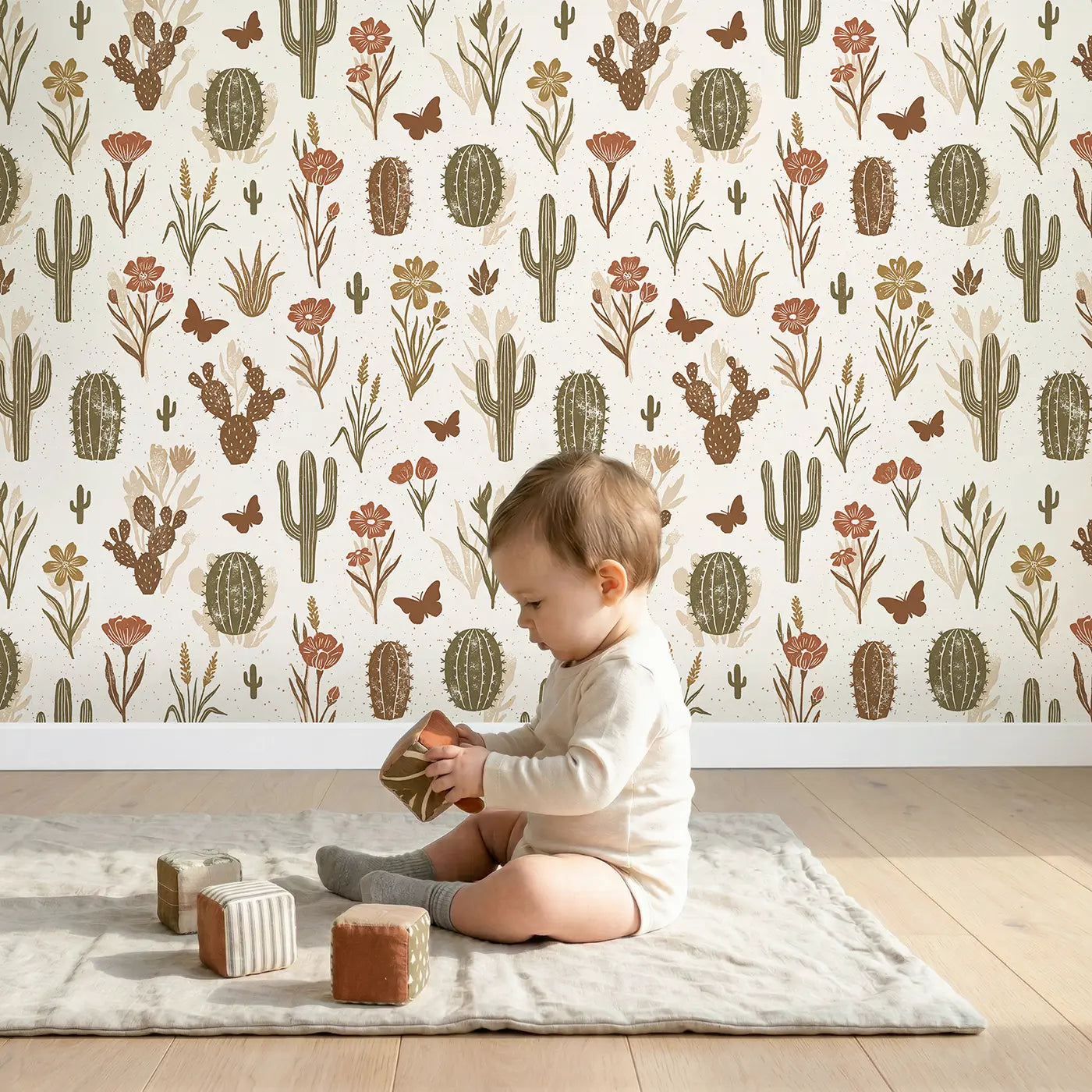 Desert Blooms Block Print wallpaper in styled kids room - Whimsy Tots