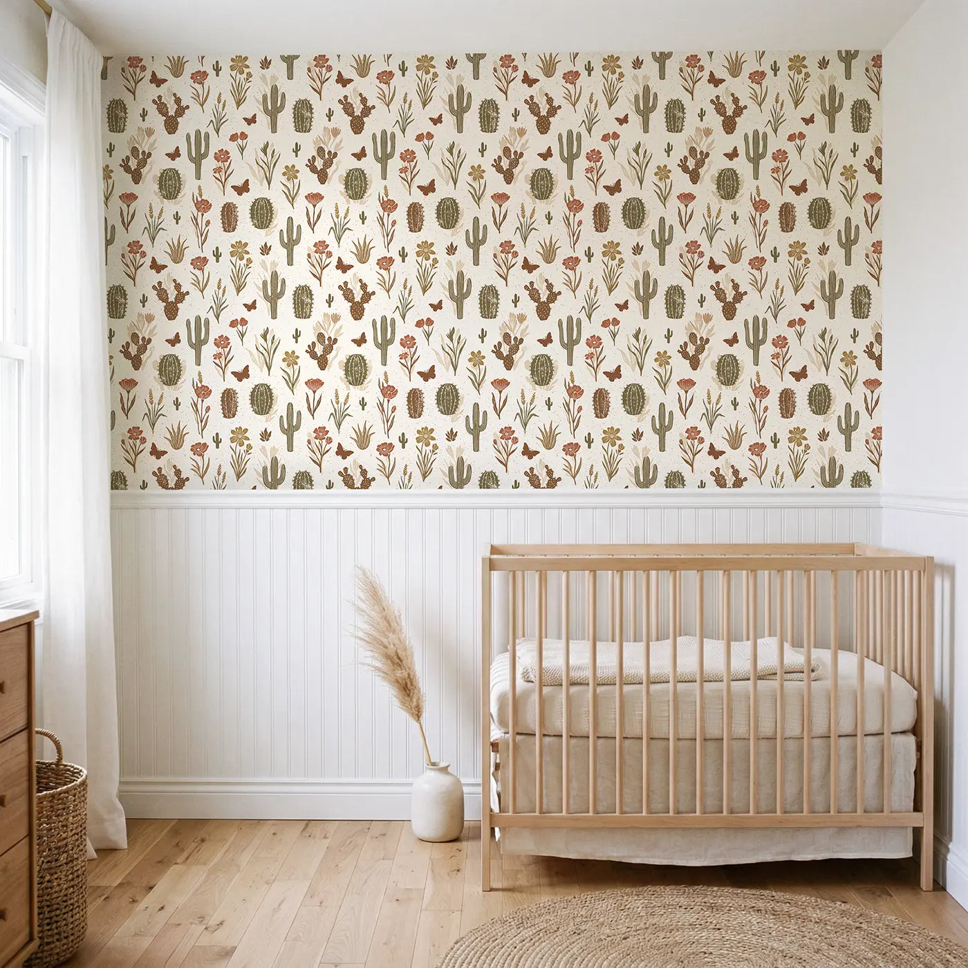 Desert Blooms Block Print wallpaper above wainscoting - Whimsy Tots