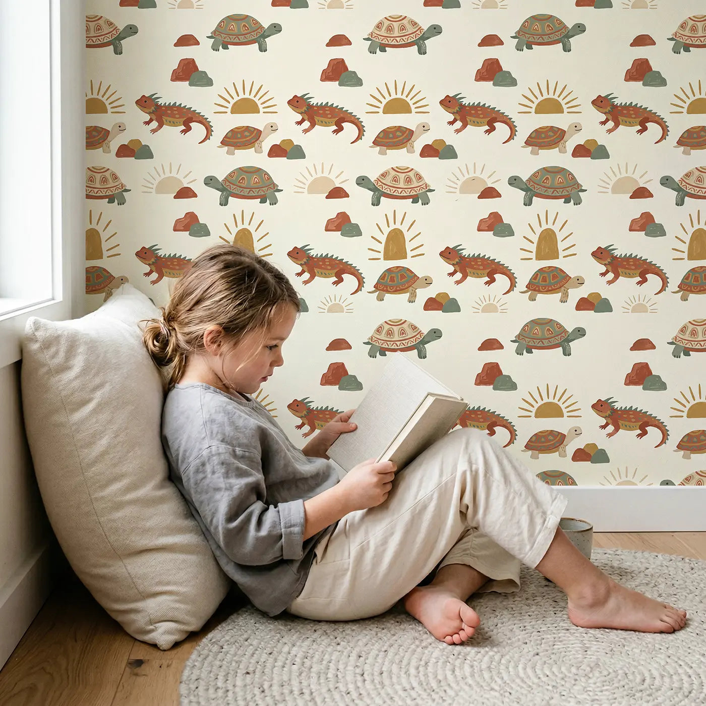 Desert Tortoise Modern Illustration wallpaper in styled kids room - Whimsy Tots