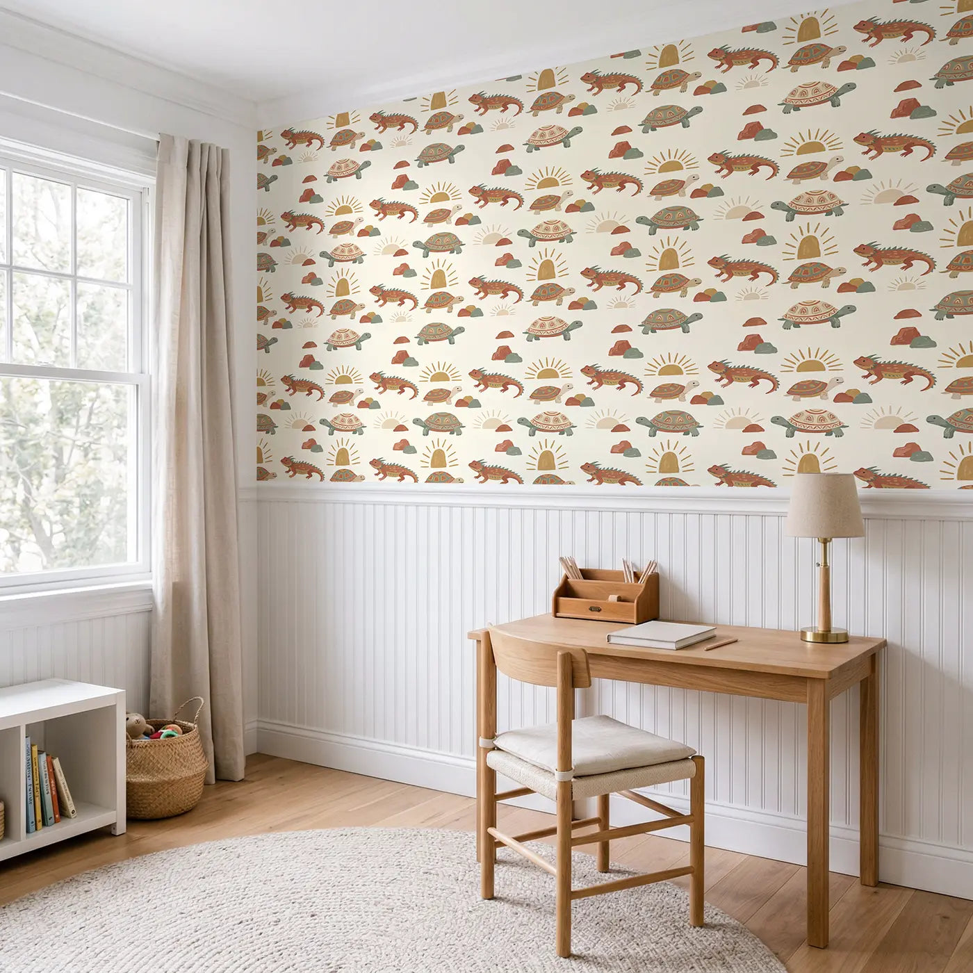 Desert Tortoise Modern Illustration wallpaper above wainscoting - Whimsy Tots