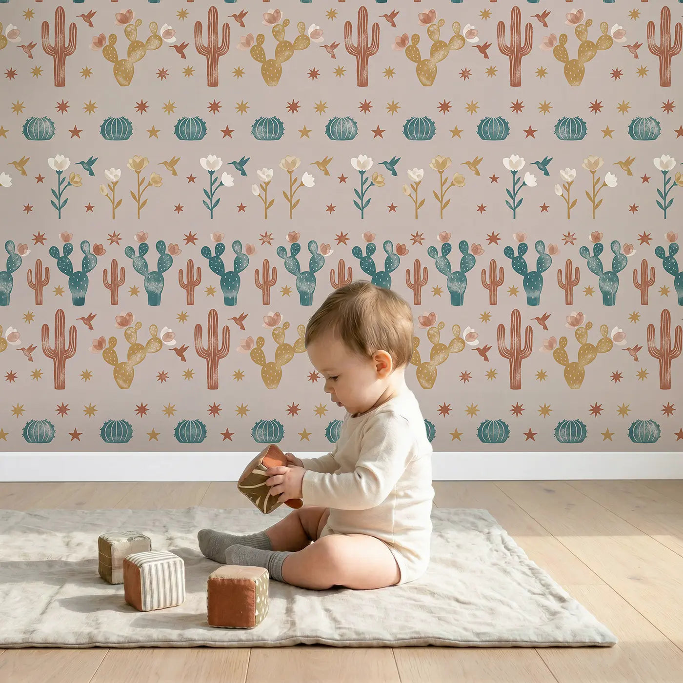 Watercolor Cacti Block Print wallpaper in styled kids room - Whimsy Tots