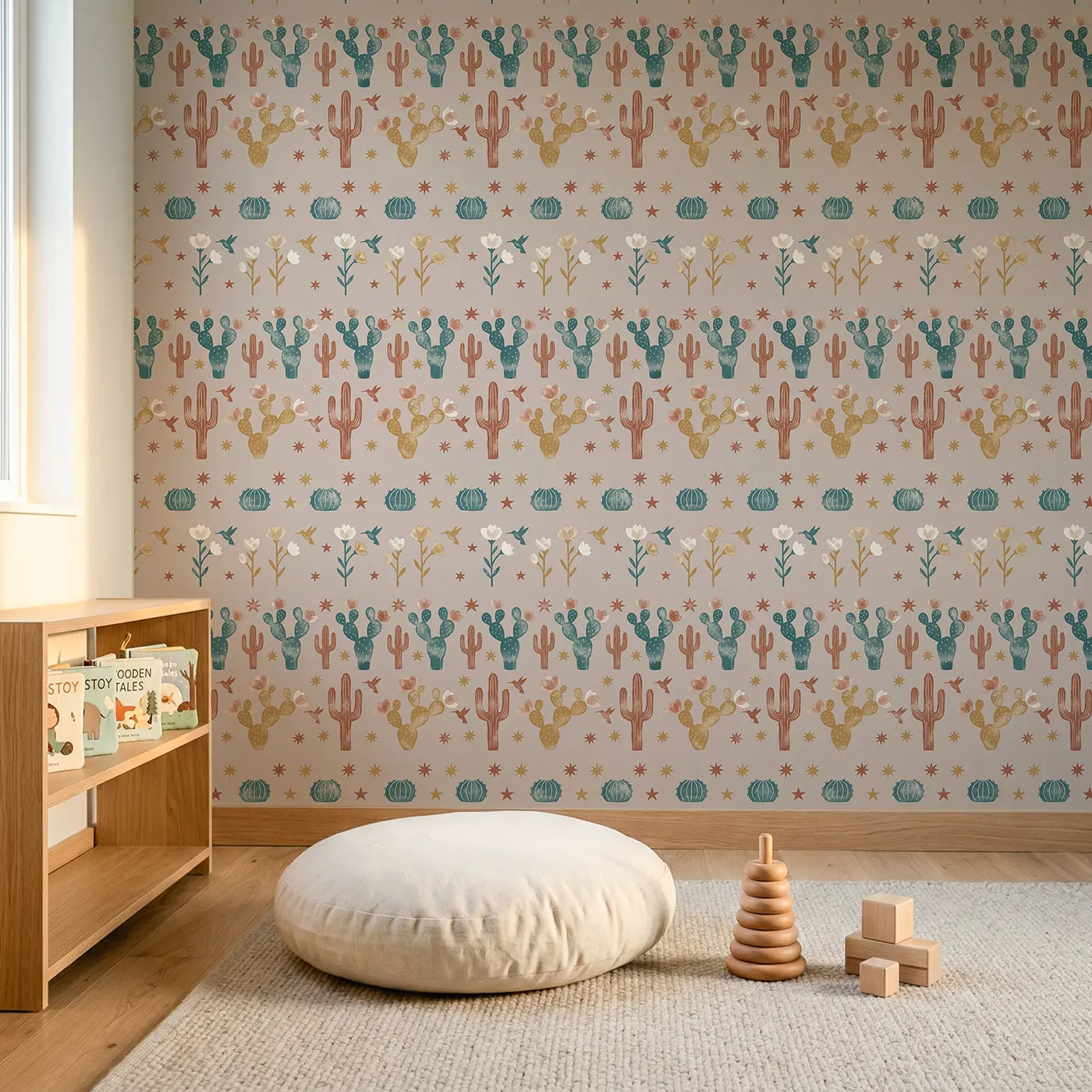 Watercolor Cacti Block Print wallpaper in Scandinavian nursery - Whimsy Tots