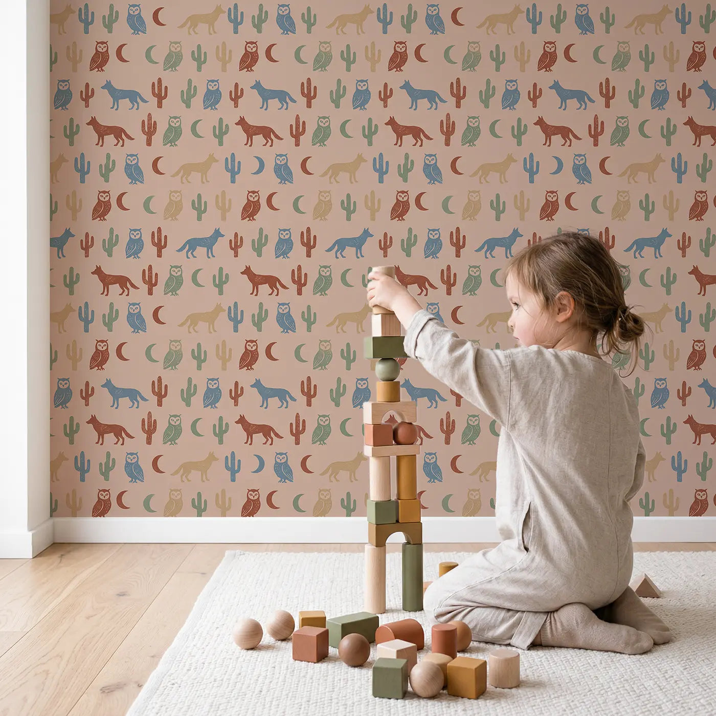 Desert Owl Block Print wallpaper in styled kids room - Whimsy Tots