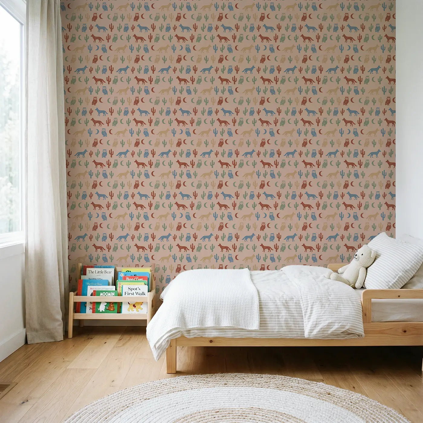 Desert Owl Block Print wallpaper in Scandinavian nursery - Whimsy Tots
