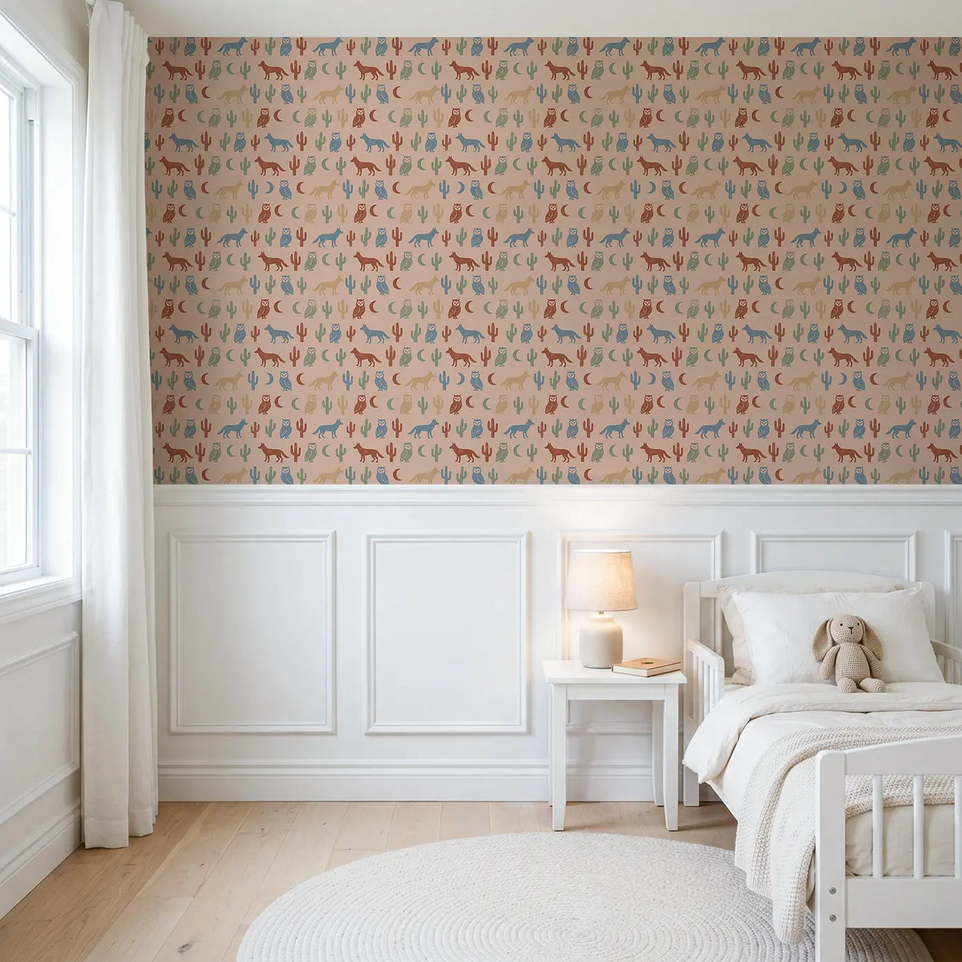 Desert Owl Block Print wallpaper above wainscoting - Whimsy Tots