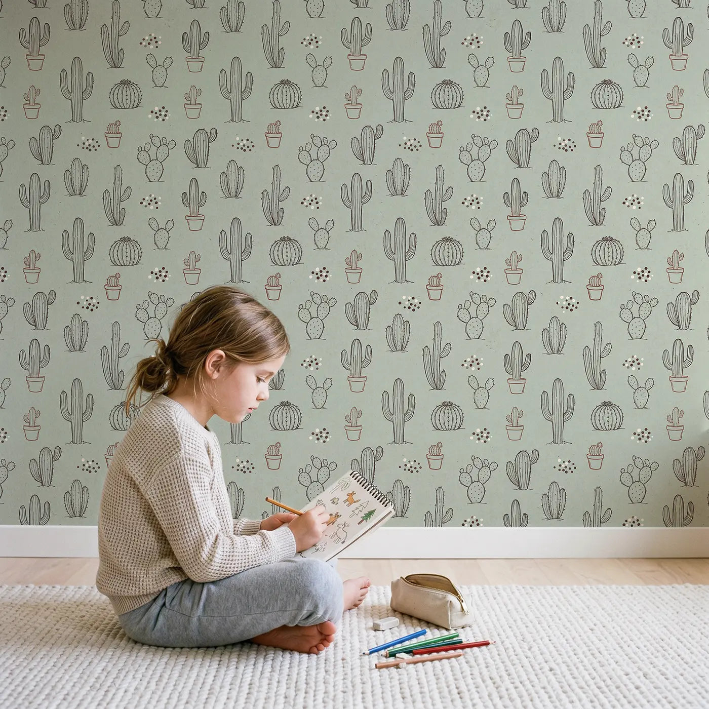 Cactus Garden Hand-Drawn wallpaper in styled kids room - Whimsy Tots