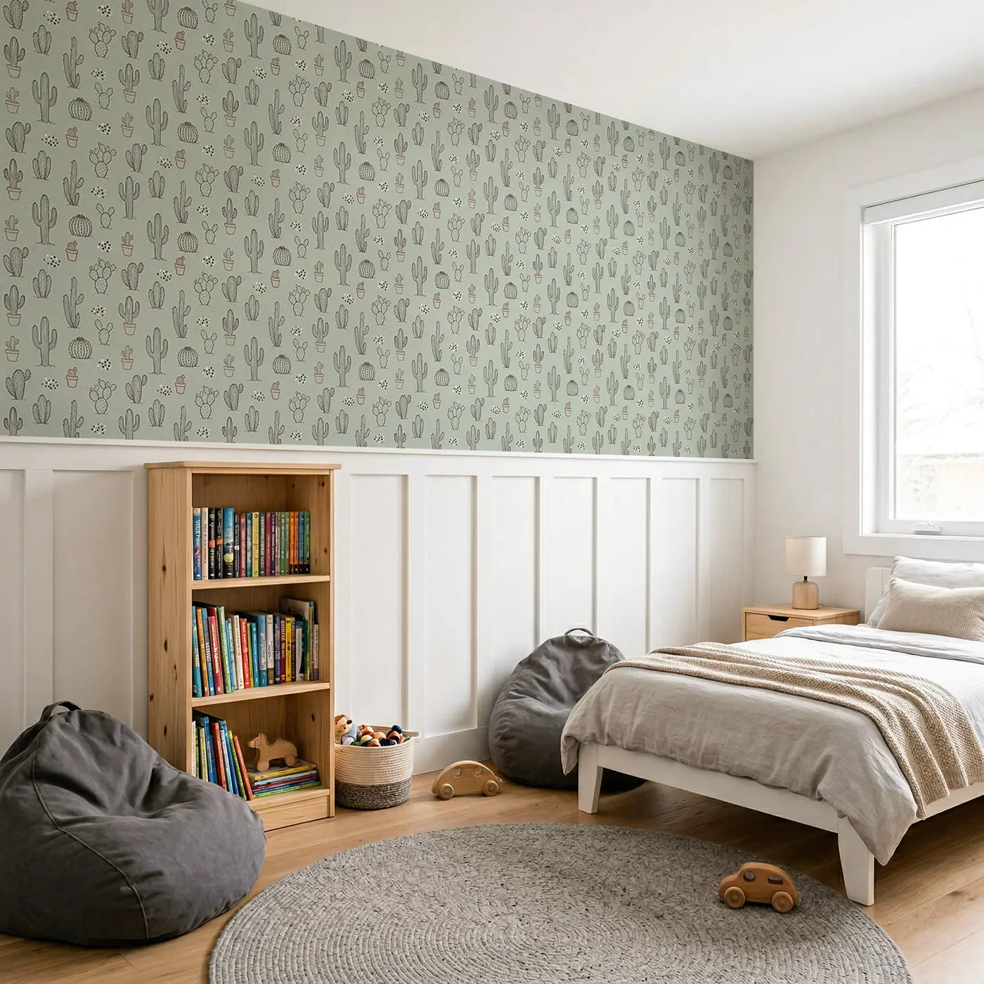 Cactus Garden Hand-Drawn wallpaper above wainscoting - Whimsy Tots
