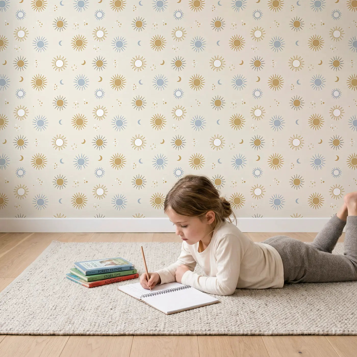 Celestial Sun Geometric wallpaper in styled kids room - Whimsy Tots