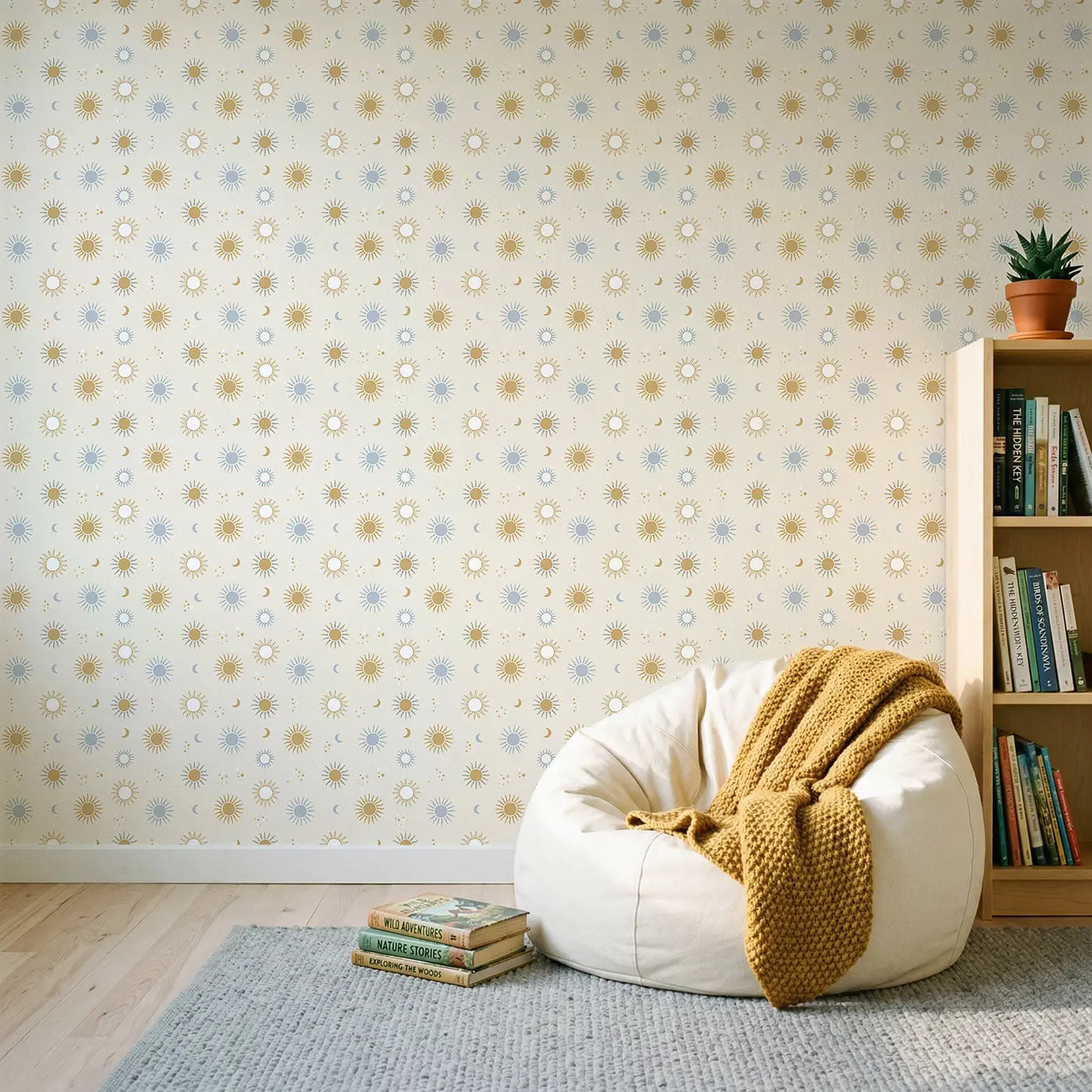 Celestial Sun Geometric wallpaper in Scandinavian nursery - Whimsy Tots