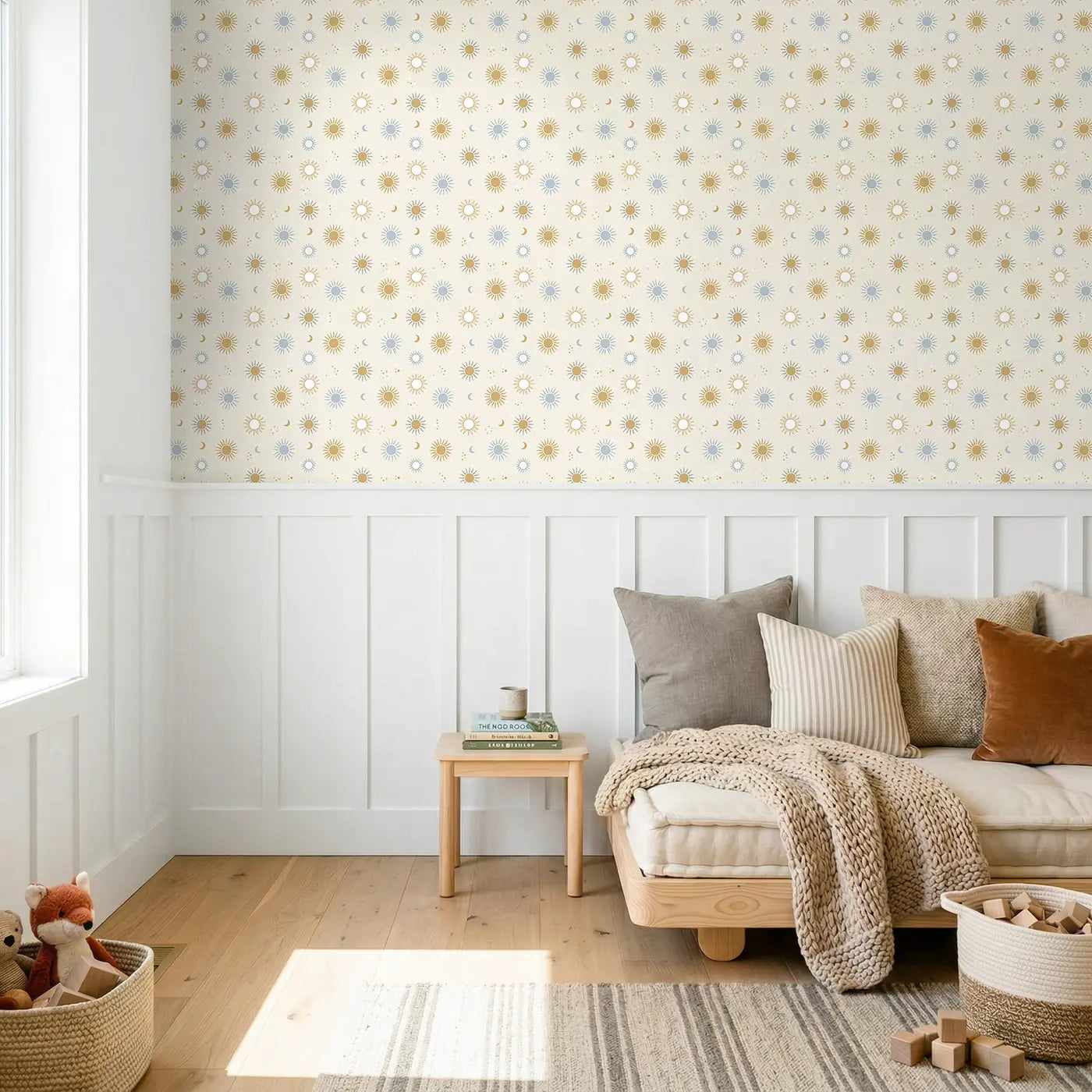 Celestial Sun Geometric wallpaper above wainscoting - Whimsy Tots
