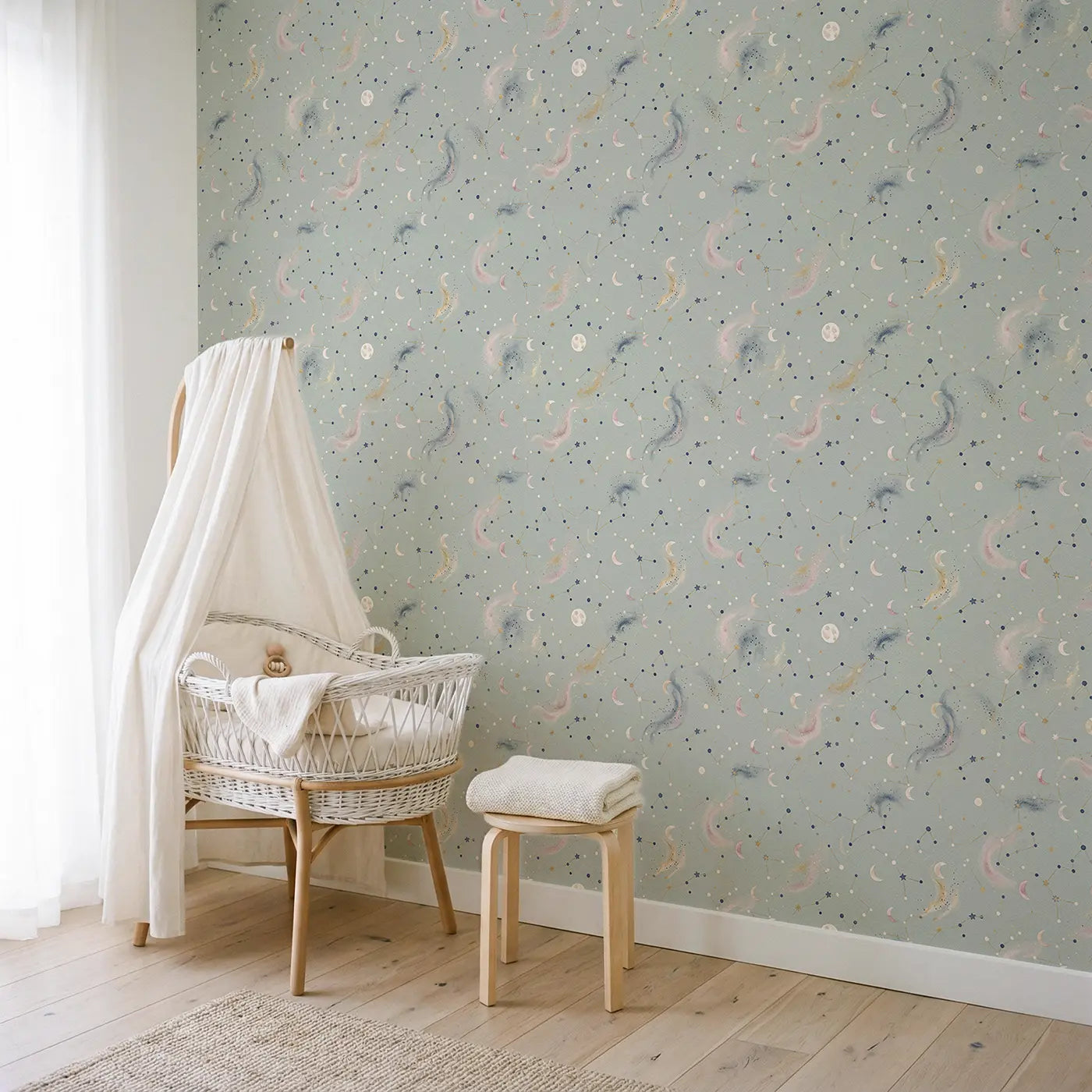 Star Constellations Watercolor wallpaper in Scandinavian nursery - Whimsy Tots