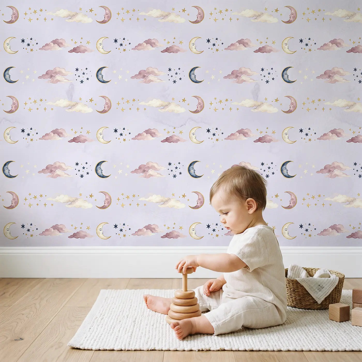 Crescent Moons Face Watercolor wallpaper in styled kids room - Whimsy Tots