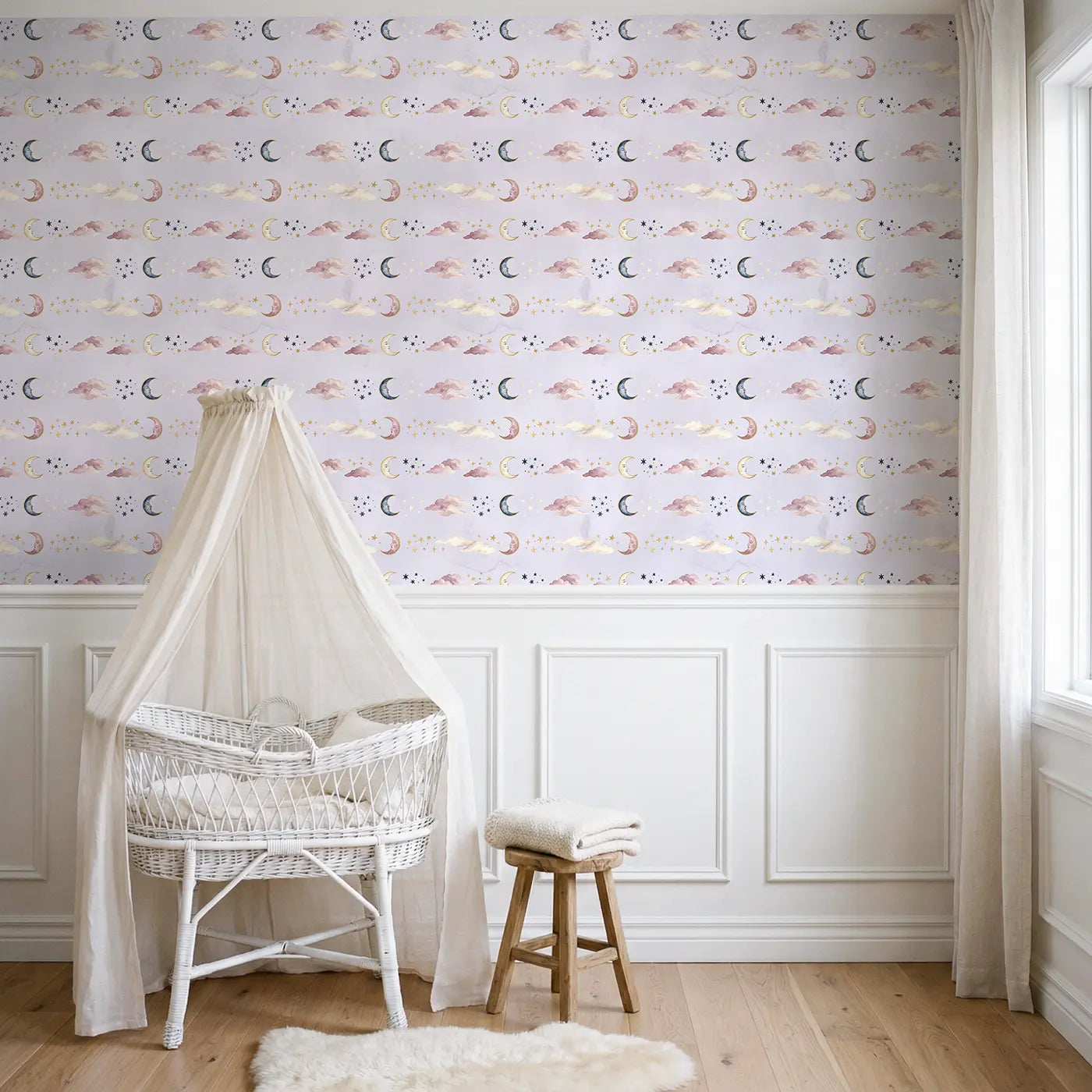 Crescent Moons Face Watercolor wallpaper above wainscoting - Whimsy Tots