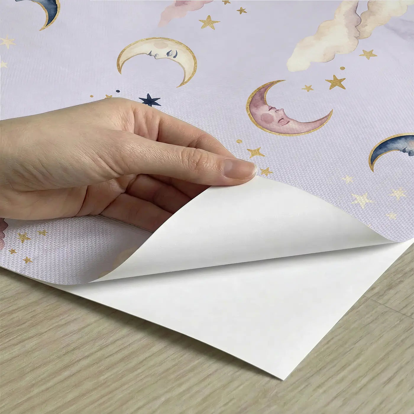 Crescent Moons Face Watercolor peel and stick material close-up - Whimsy Tots
