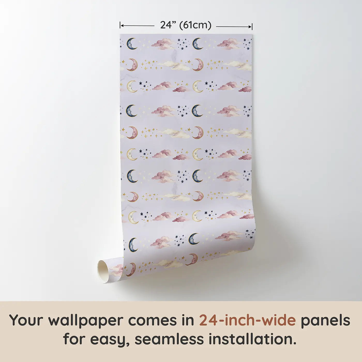 Crescent Moons Face Watercolor wallpaper panel dimensions - Whimsy Tots
