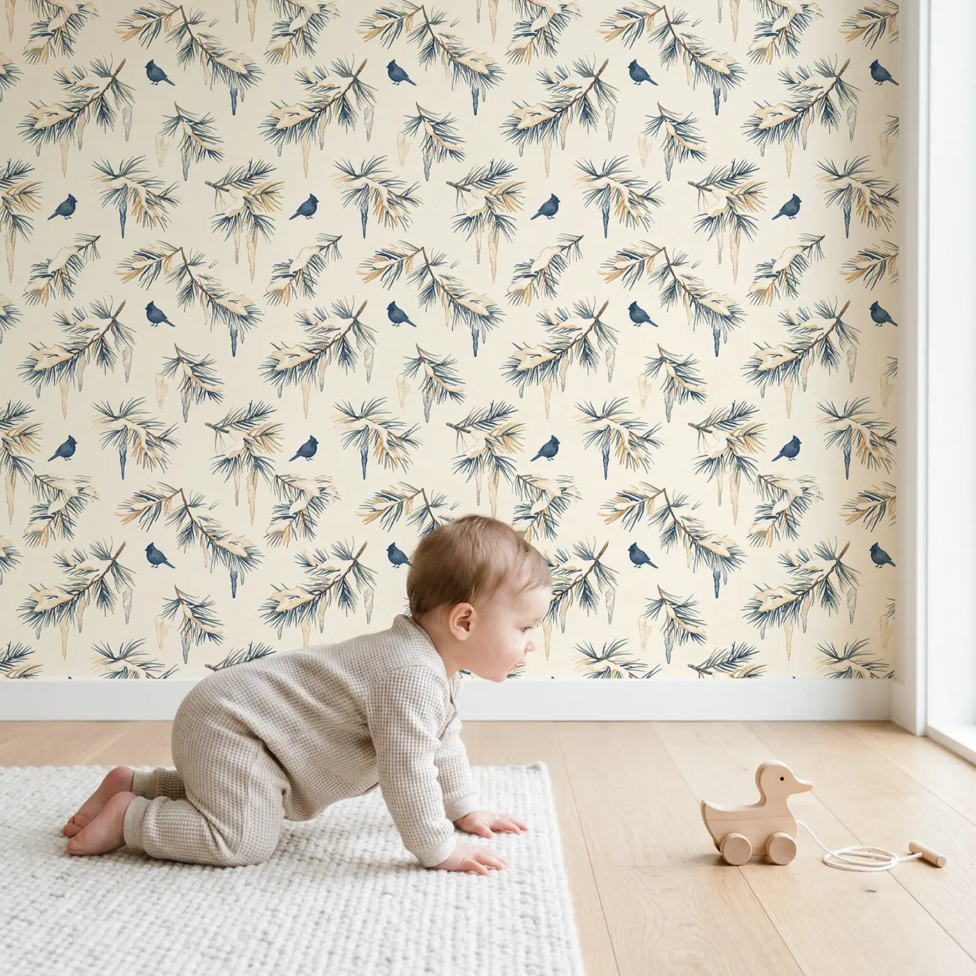 Pine Boughs Watercolor wallpaper in styled kids room - Whimsy Tots