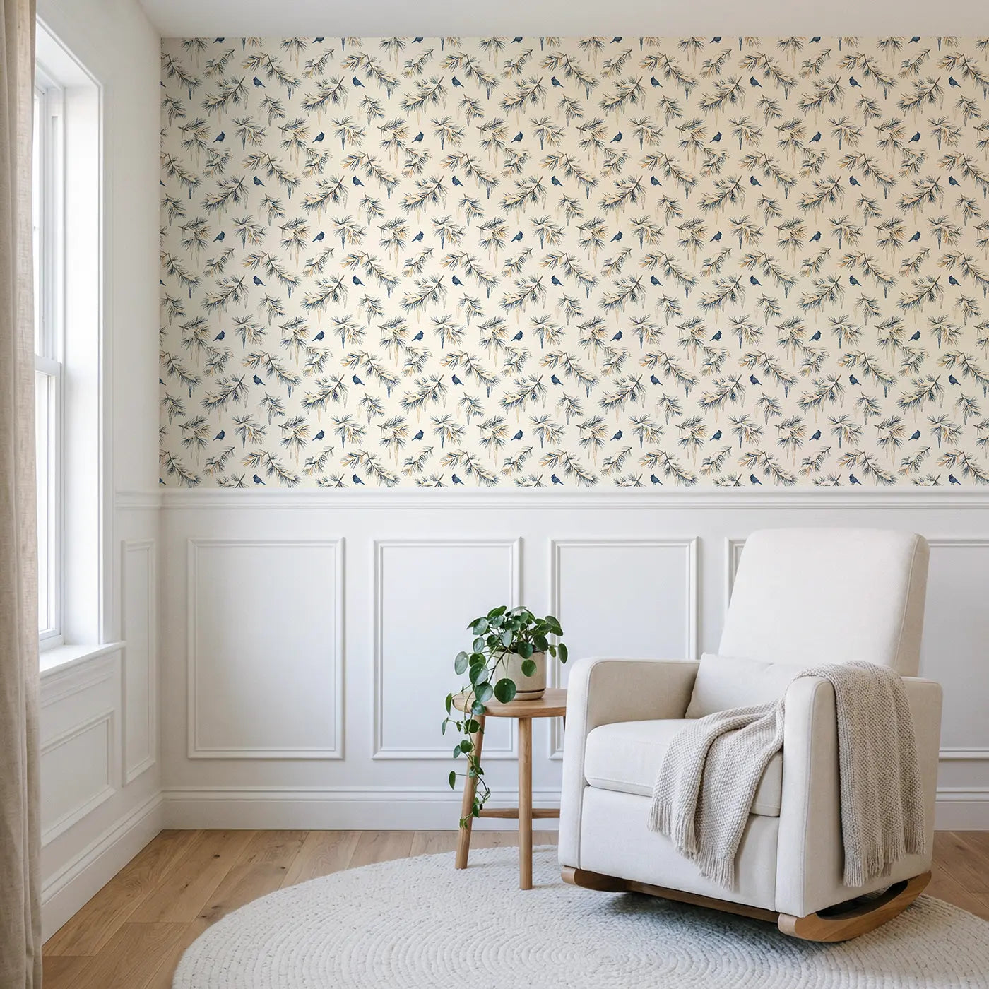 Pine Boughs Watercolor wallpaper above wainscoting - Whimsy Tots