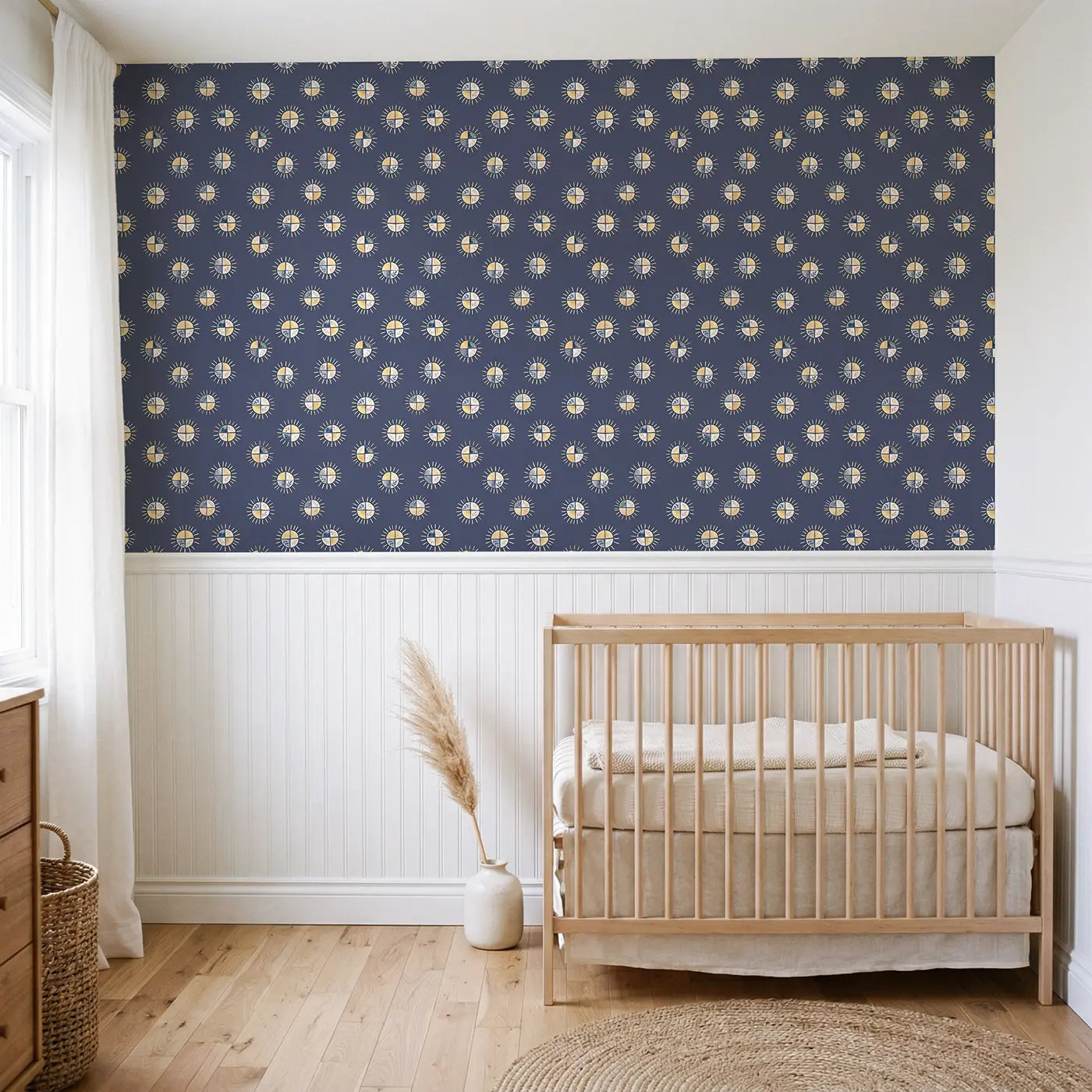 Solstice Sun Watercolor wallpaper above wainscoting - Whimsy Tots
