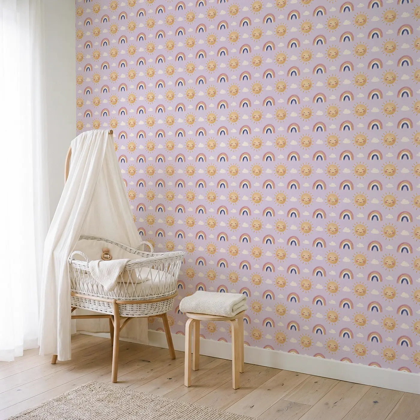Whimsical Sun Soft Pastel wallpaper in Scandinavian nursery - Whimsy Tots