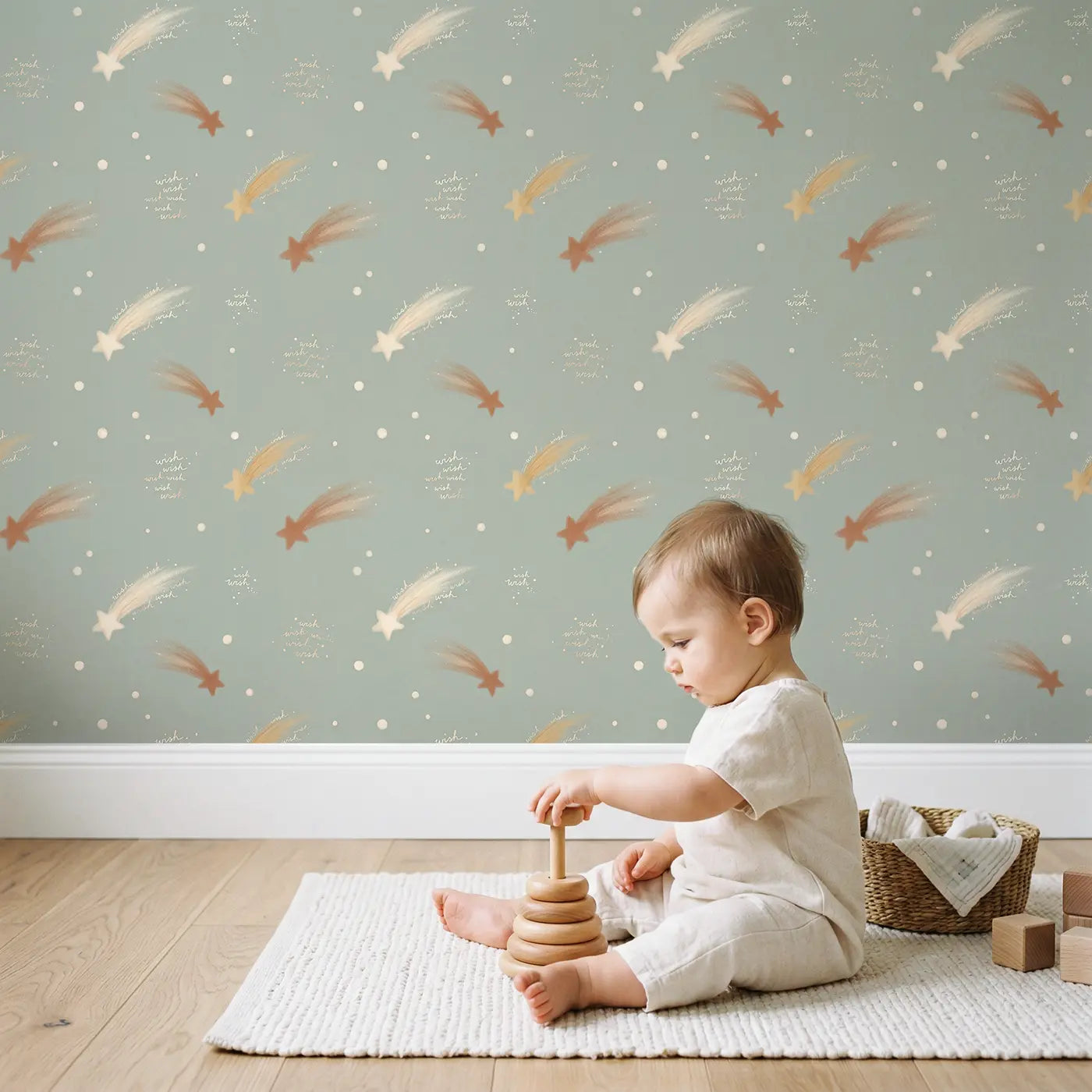 Shooting Stars Trailing Soft Pastel II wallpaper in styled kids room - Whimsy Tots