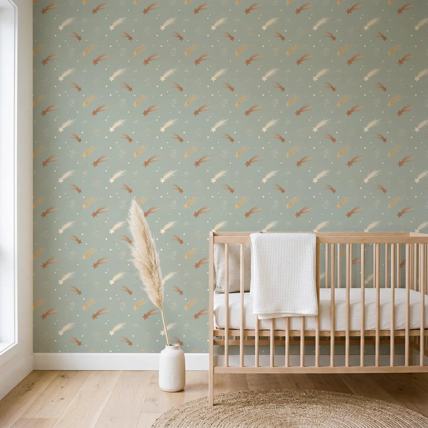 Shooting Stars Trailing Soft Pastel II wallpaper in Scandinavian nursery - Whimsy Tots
