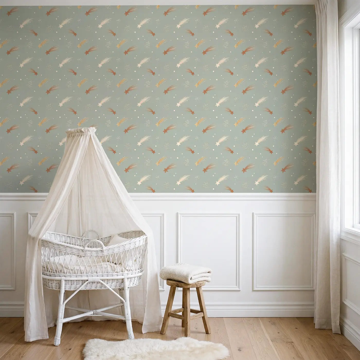 Shooting Stars Trailing Soft Pastel II wallpaper above wainscoting - Whimsy Tots