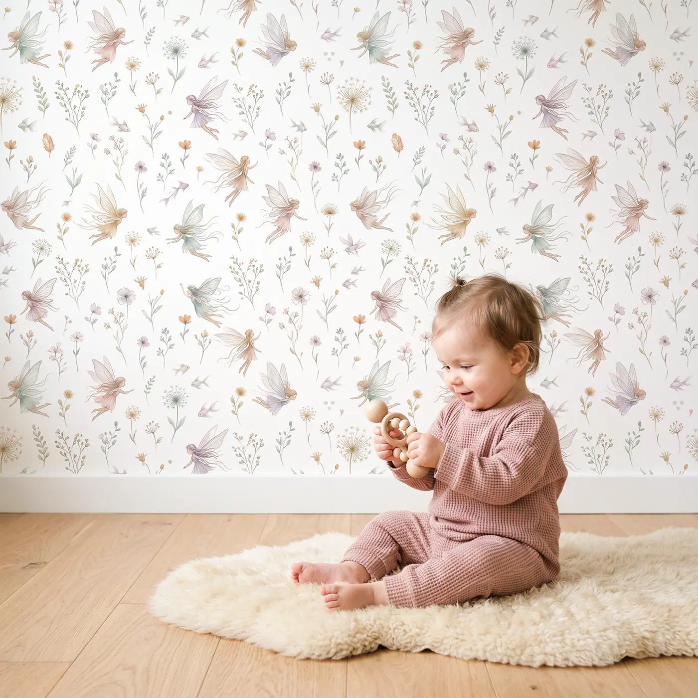 Fairies Flying Among Soft Pastel wallpaper in styled kids room - Whimsy Tots