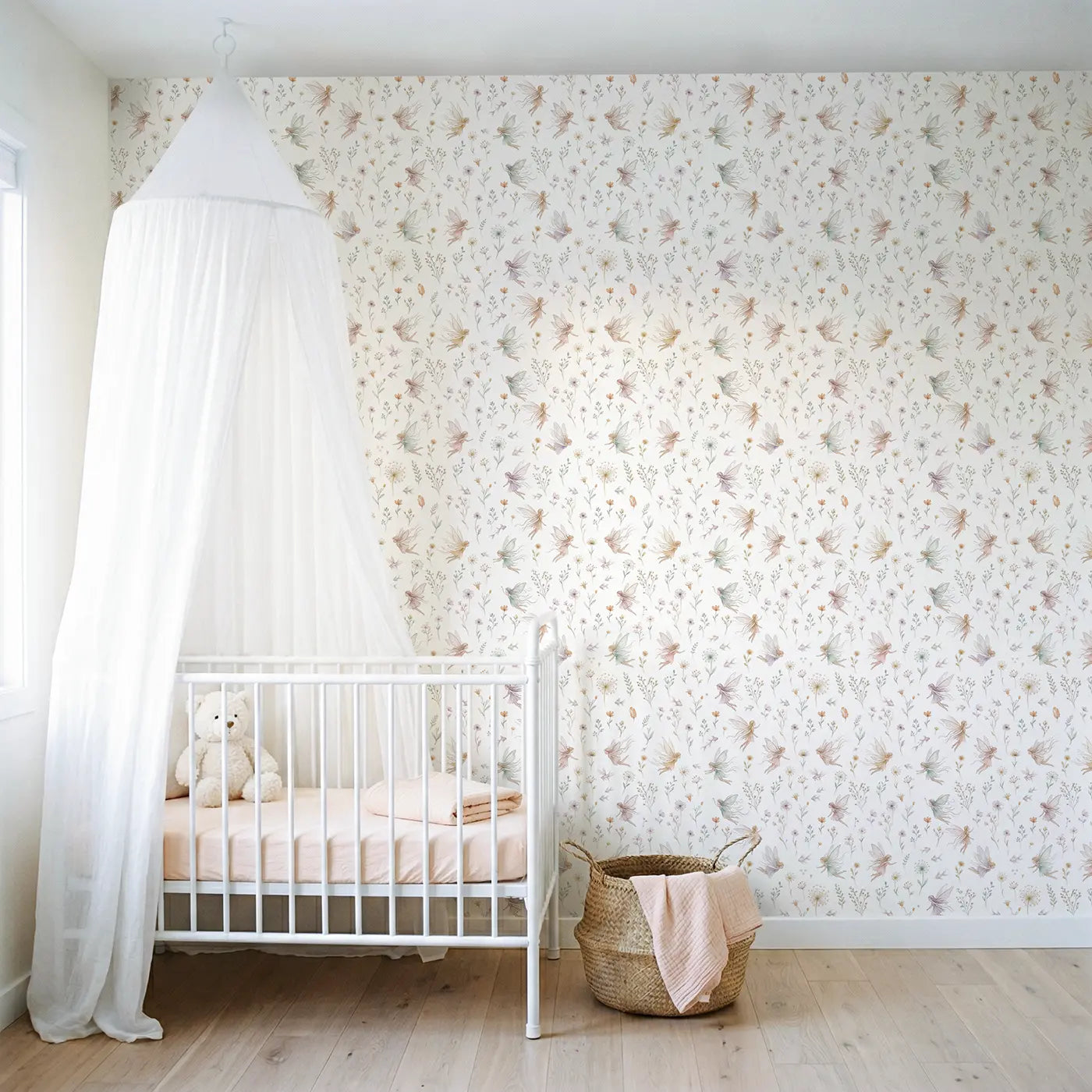 Fairies Flying Among Soft Pastel wallpaper in Scandinavian nursery - Whimsy Tots