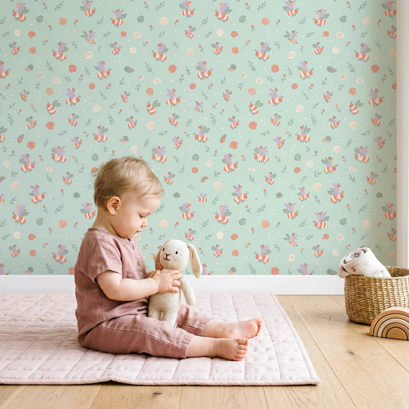 Fairies Riding Bumblebees Ditsy Floral wallpaper in styled kids room - Whimsy Tots