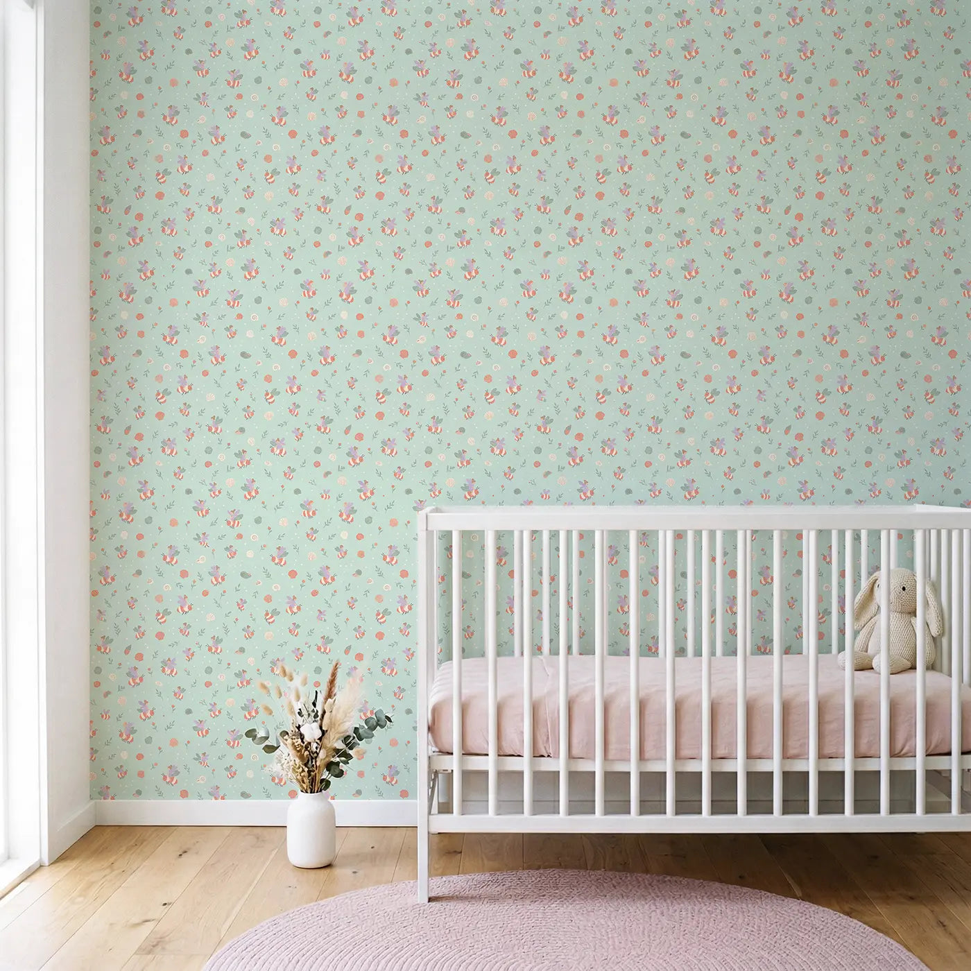 Fairies Riding Bumblebees Ditsy Floral wallpaper in Scandinavian nursery - Whimsy Tots
