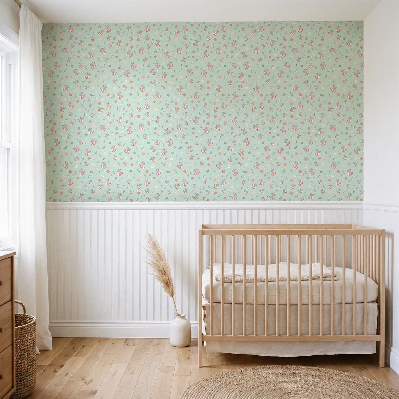 Fairies Riding Bumblebees Ditsy Floral wallpaper above wainscoting - Whimsy Tots