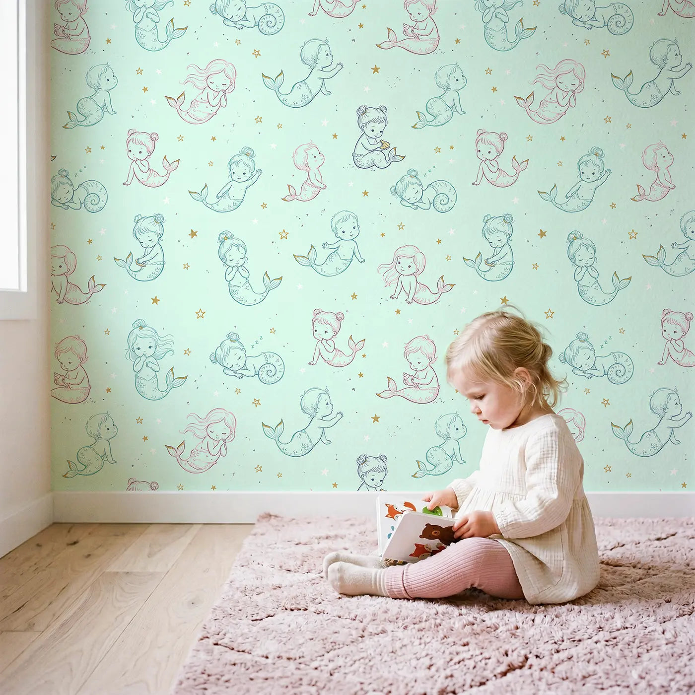 Baby Mermaids Tiny Hand-Drawn wallpaper in styled kids room - Whimsy Tots