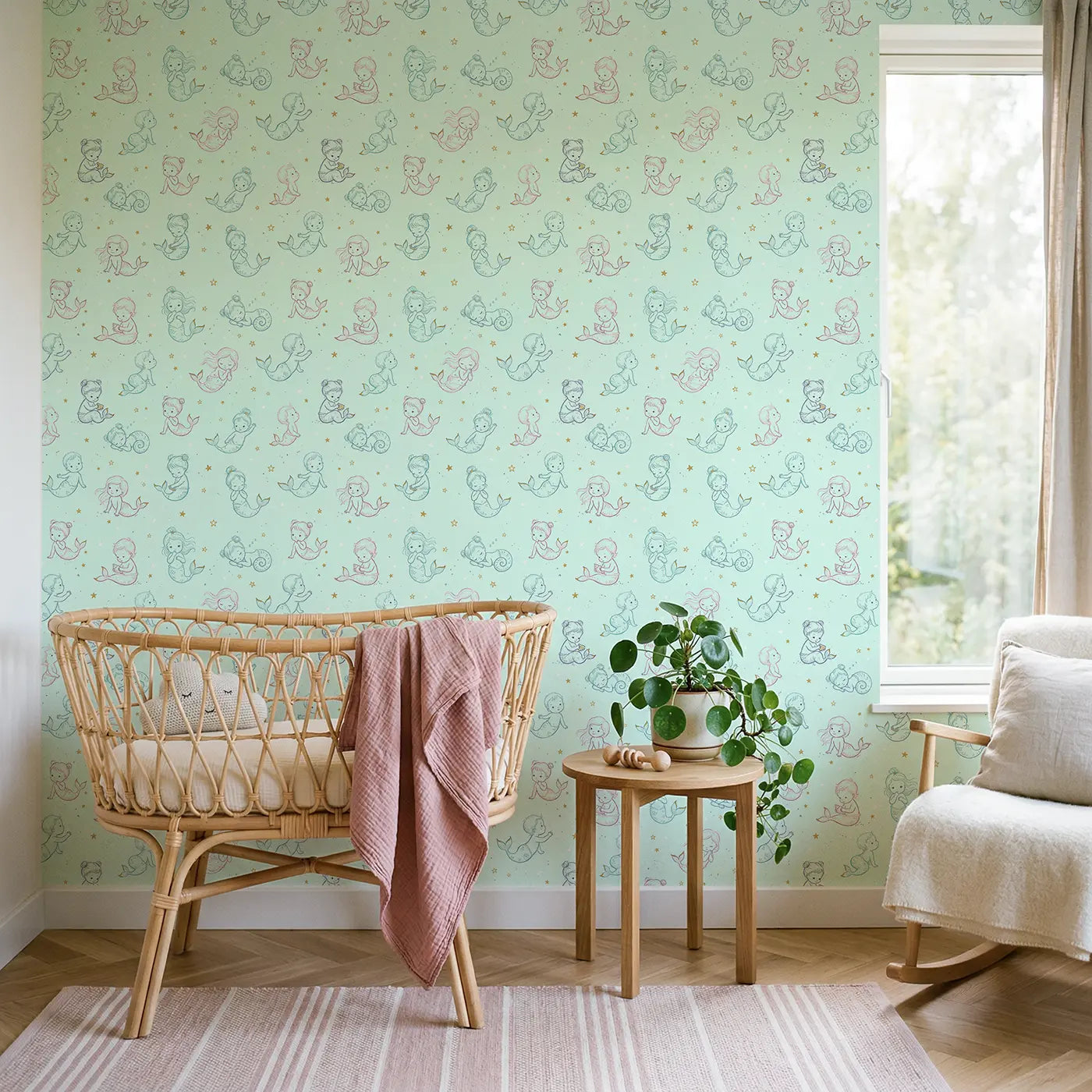 Baby Mermaids Tiny Hand-Drawn wallpaper in Scandinavian nursery - Whimsy Tots
