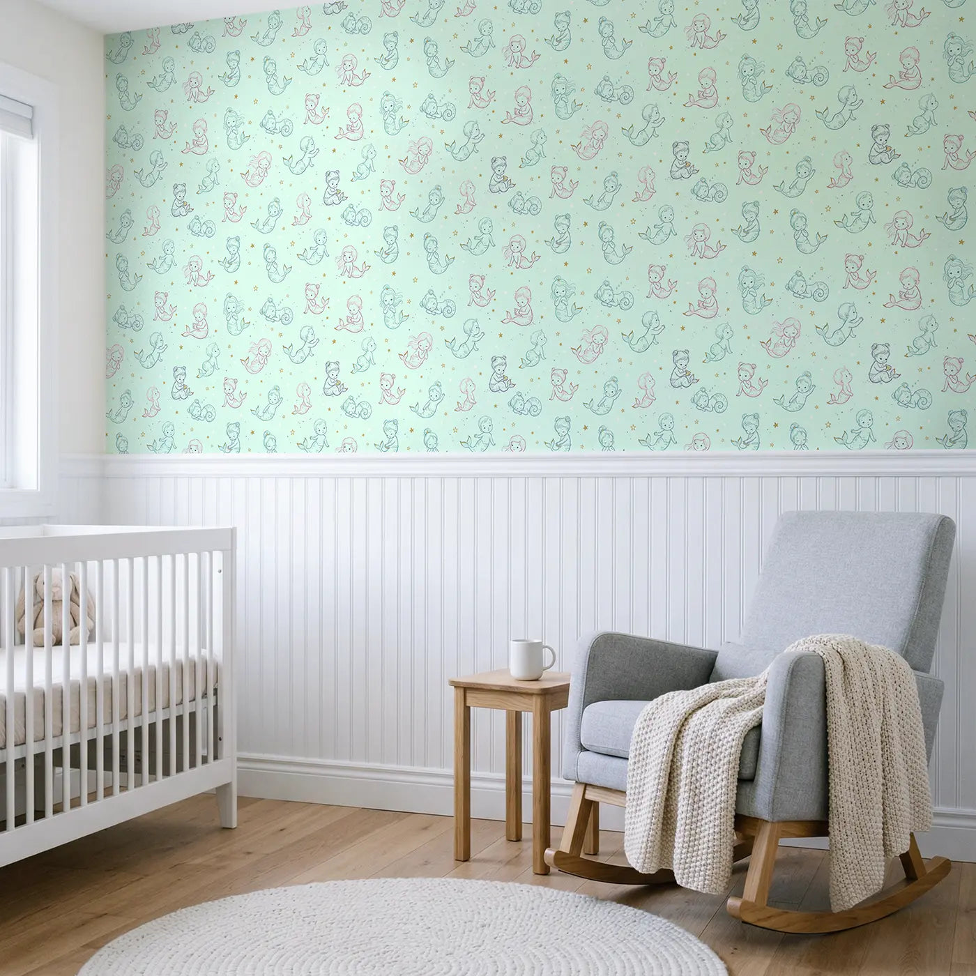 Baby Mermaids Tiny Hand-Drawn wallpaper above wainscoting - Whimsy Tots