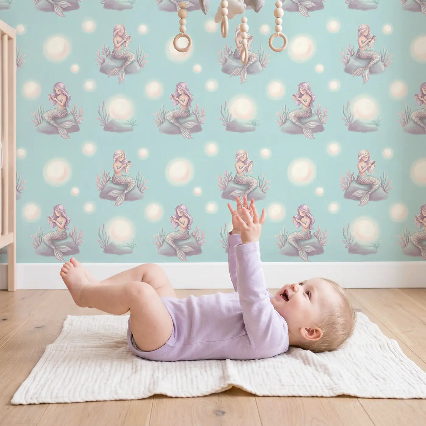 Sitting Mermaids Combing Soft Pastel wallpaper in styled kids room - Whimsy Tots