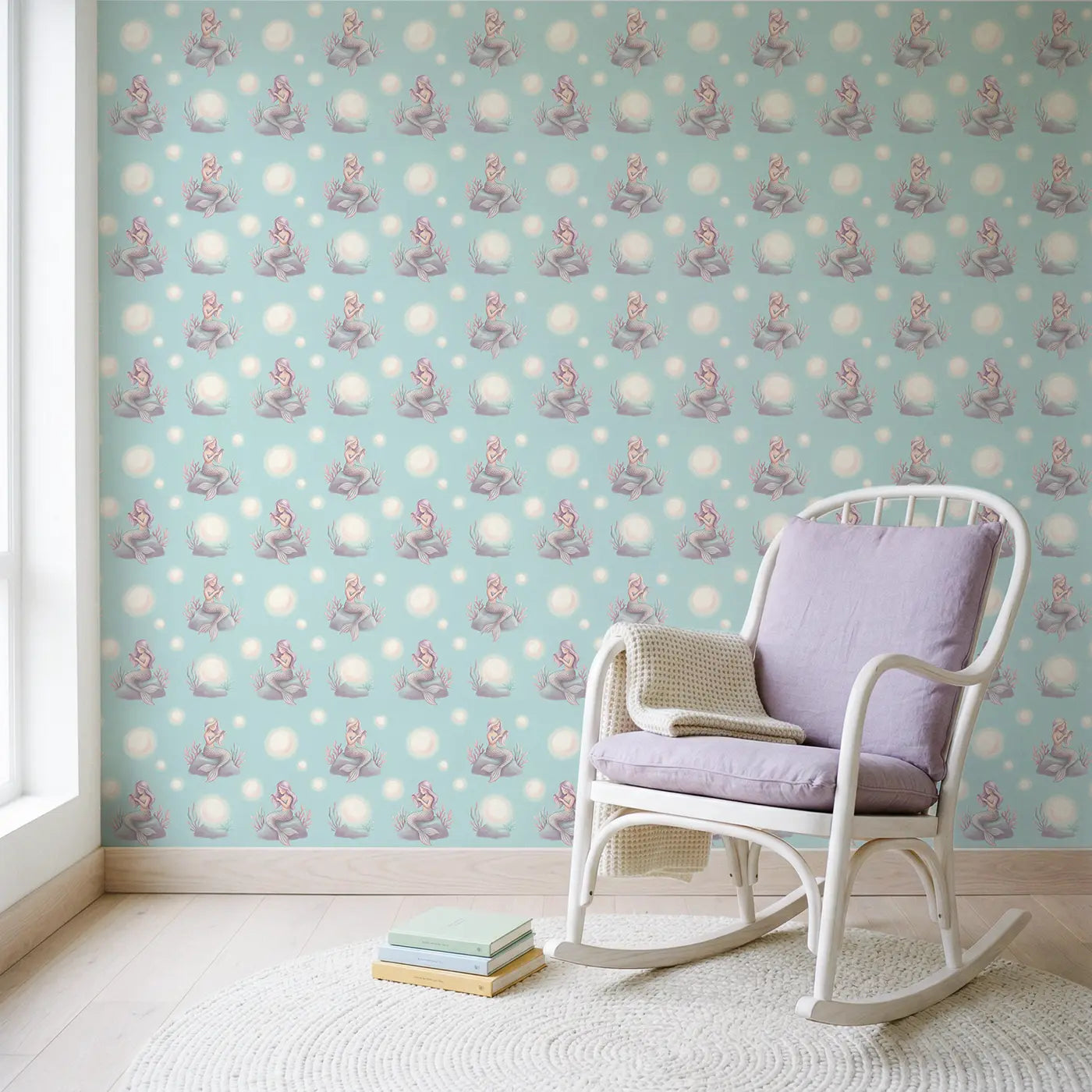 Sitting Mermaids Combing Soft Pastel wallpaper in Scandinavian nursery - Whimsy Tots